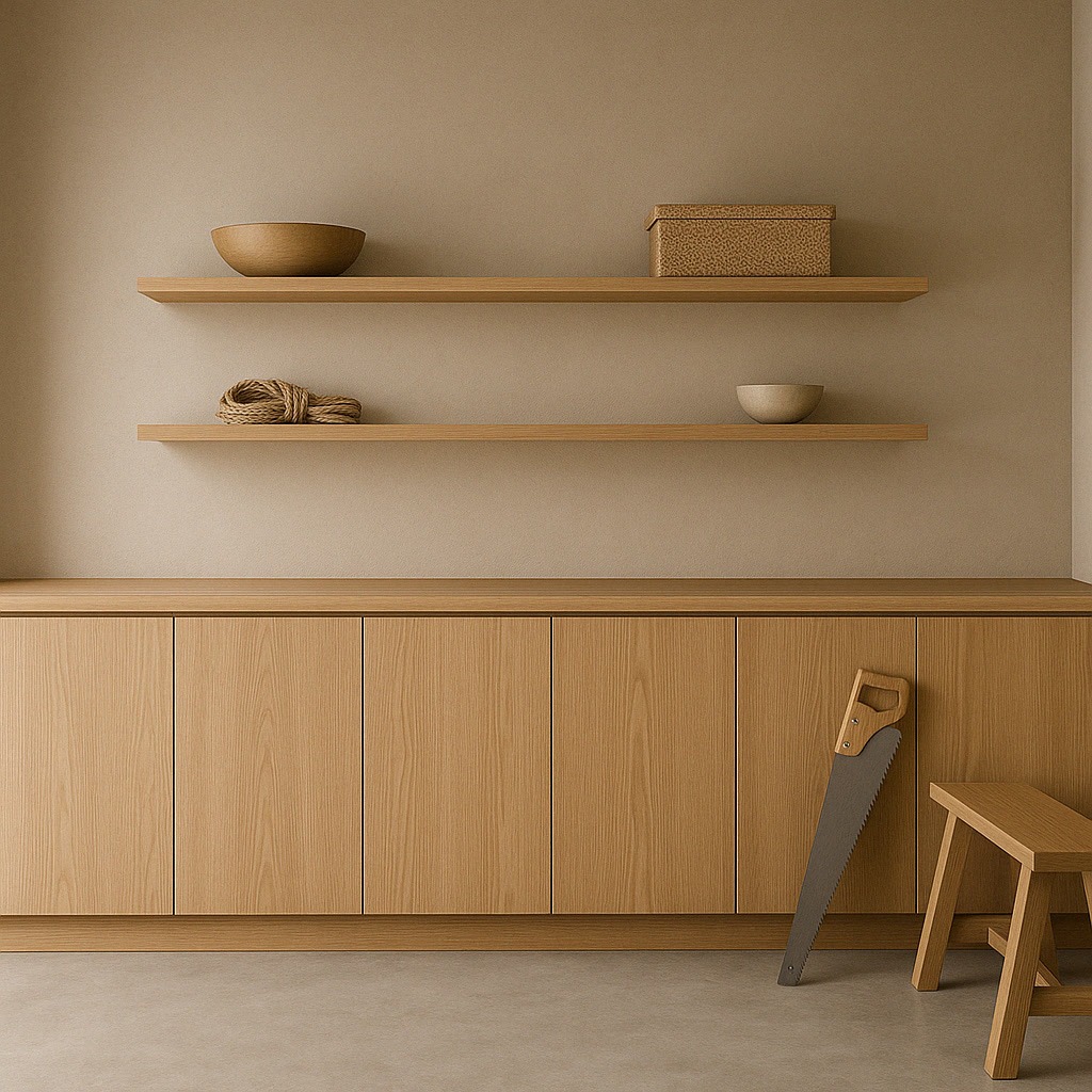 Minimalist room with light wood cabinets, two floating shelves holding bowls, a basket, and rope, plus a handsaw and stool against the wall.