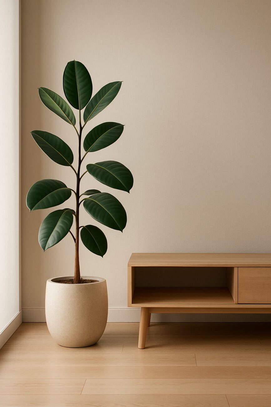 A potted rubber plant with large green leaves stands next to a light wooden cabinet in a minimalist room with beige walls and a wooden floor.