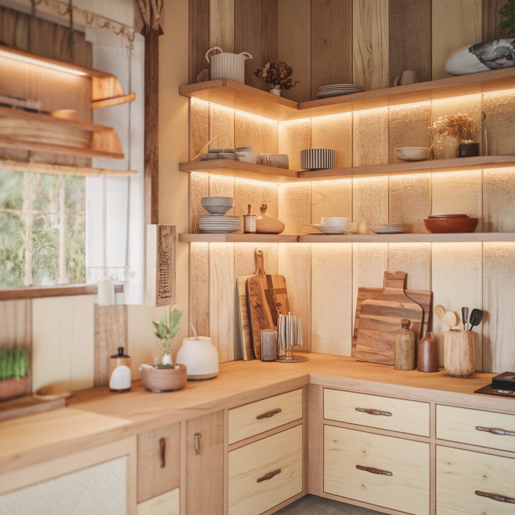 A tidy wooden kitchen with lighted open shelves displaying dishes, bowls, and cutting boards. Potted plants and utensils are arranged neatly on the countertop.