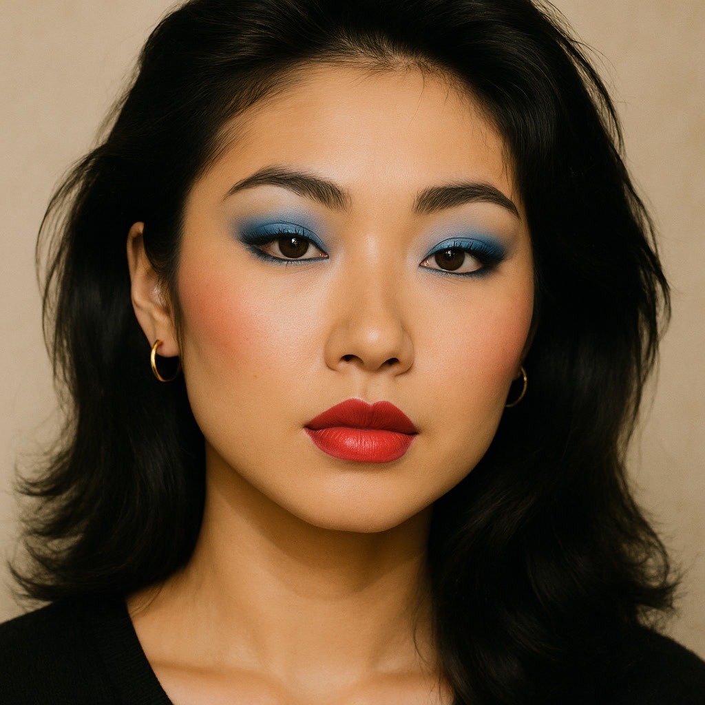 A woman with medium-length black hair wears bold blue eyeshadow, red lipstick, gold hoop earrings, and a black top, posing in front of a neutral background.
