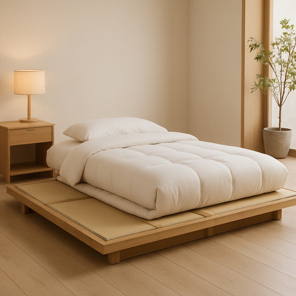 A minimalist bedroom with a low wooden bed frame, white bedding, a wooden nightstand with a lamp, a potted tree, and light wood floors.