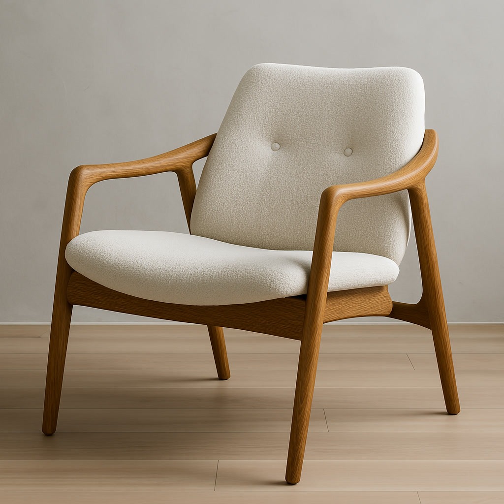 A modern wooden armchair with a white cushioned seat and backrest, featuring sleek curves and a minimalist design, set against a light-colored background.