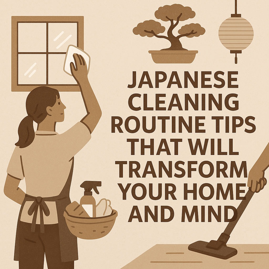 Illustration of a person cleaning and holding a basket, alongside text: "Japanese cleaning routine tips that will transform your home and mind.