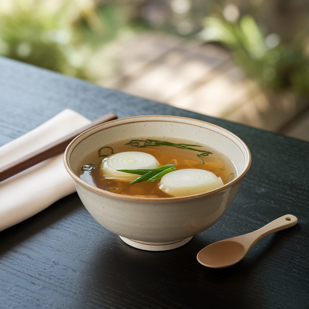A bowl of clear soup with two onion slices and green onions, placed on a dark table with a wooden spoon, chopsticks, and a white napkin beside it.