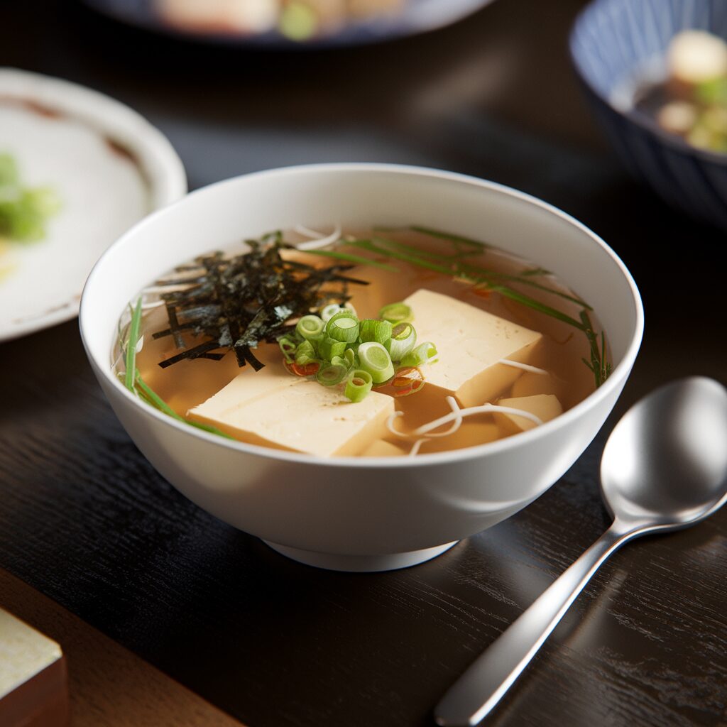 A bowl of clear soup with tofu, green onions, seaweed strips, and noodles, placed next to a spoon on a dark table.
