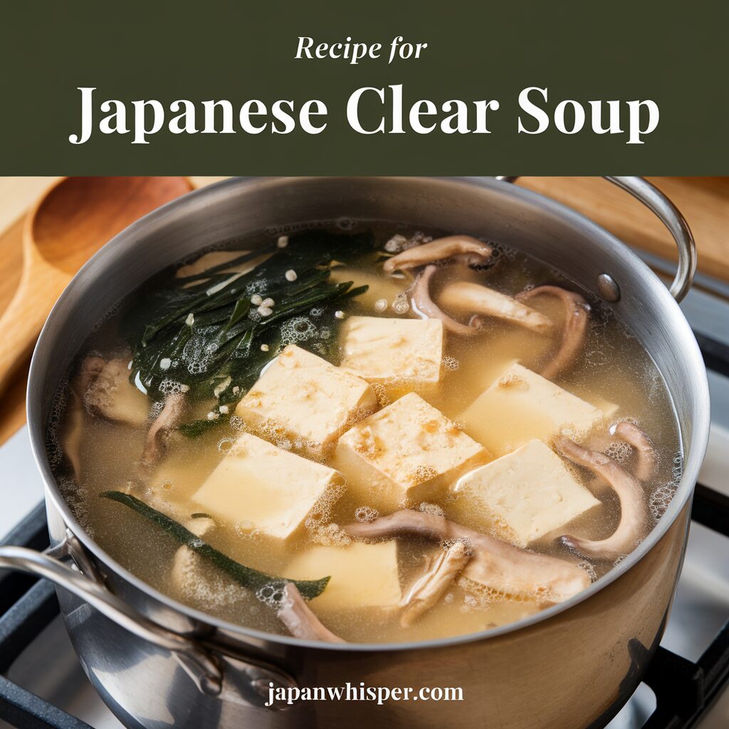 A stainless steel pot on a stove contains Japanese clear soup with tofu cubes, shiitake mushrooms, and greens. Text reads: "Recipe for Japanese Clear Soup. japanwhisper.com".