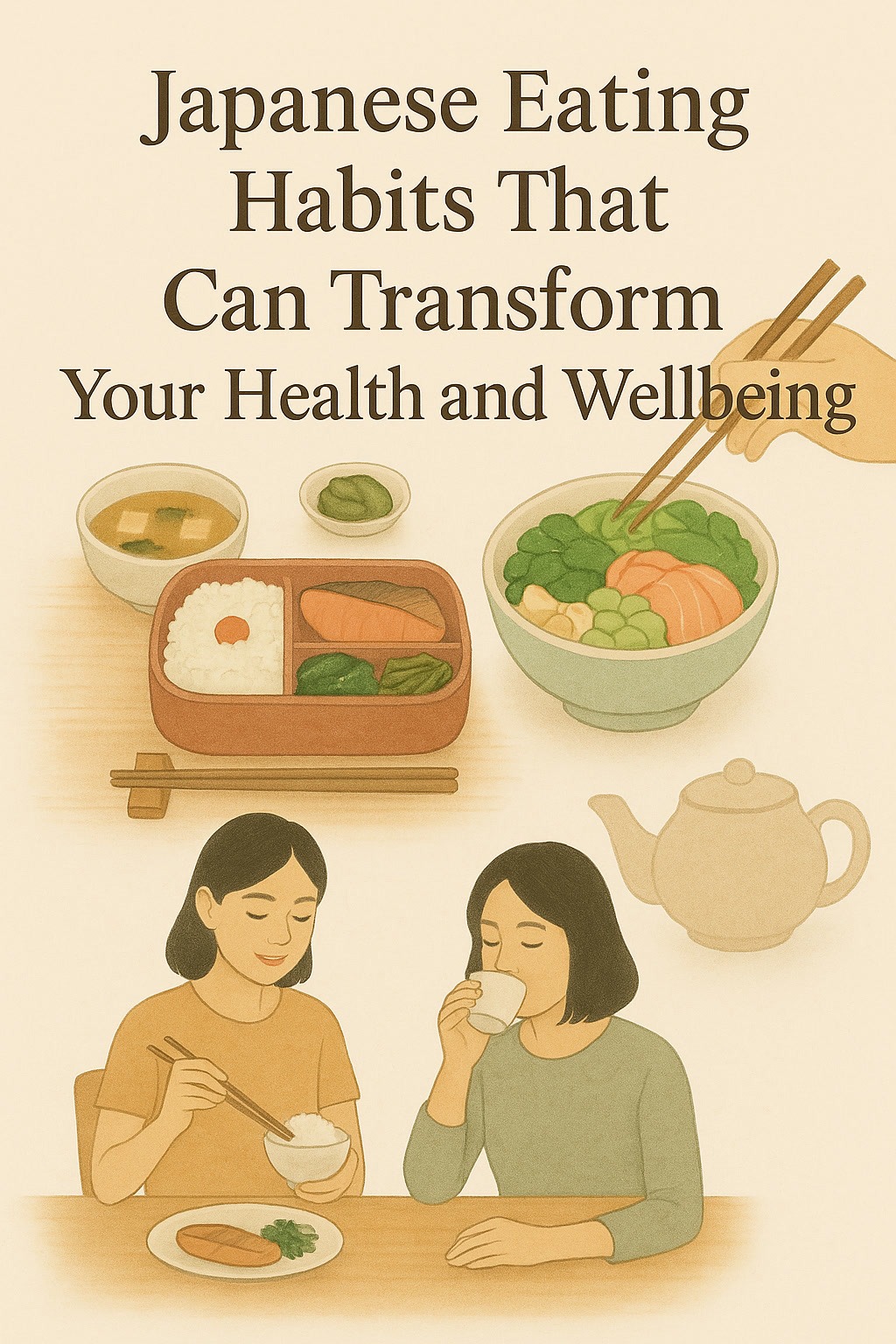 Illustration of two people enjoying a meal with rice, miso soup, and tea, with text about Japanese eating habits for health and wellbeing.