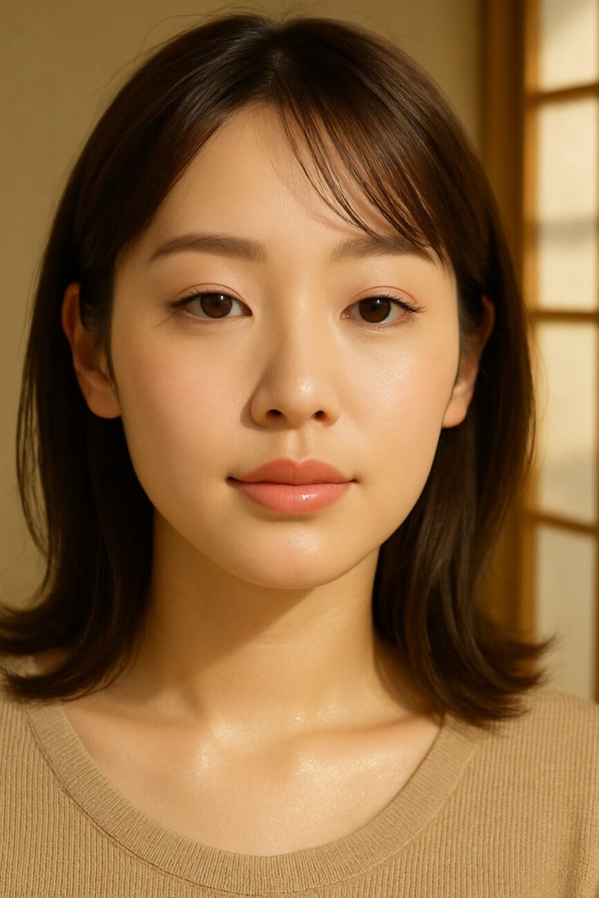 A young woman with straight brown hair and natural makeup looks directly at the camera, standing indoors near a window with soft lighting.