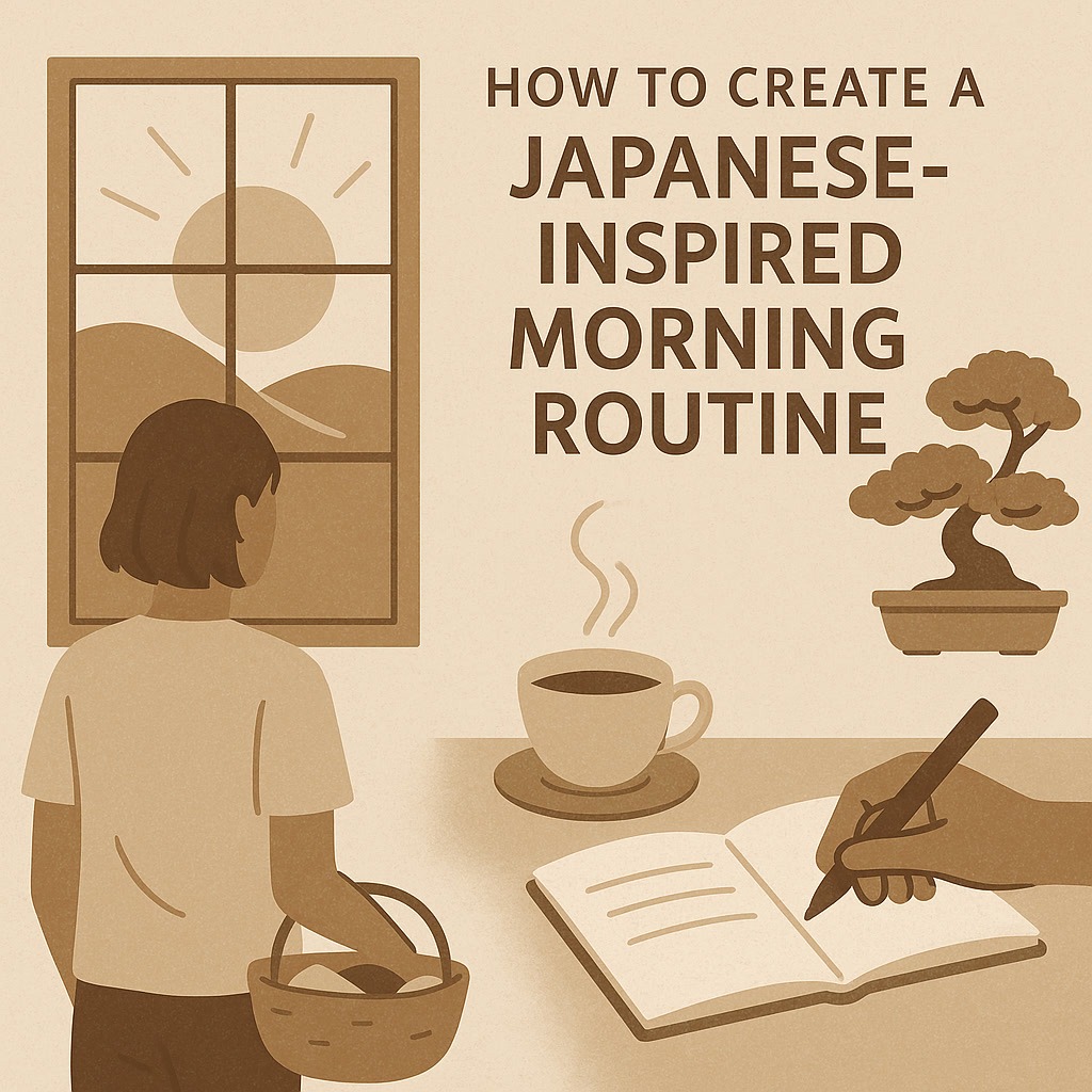 Illustration of a person looking out a window, a bonsai tree, coffee, and a journal. Text reads: "How to Create a Japanese-Inspired Morning Routine.
