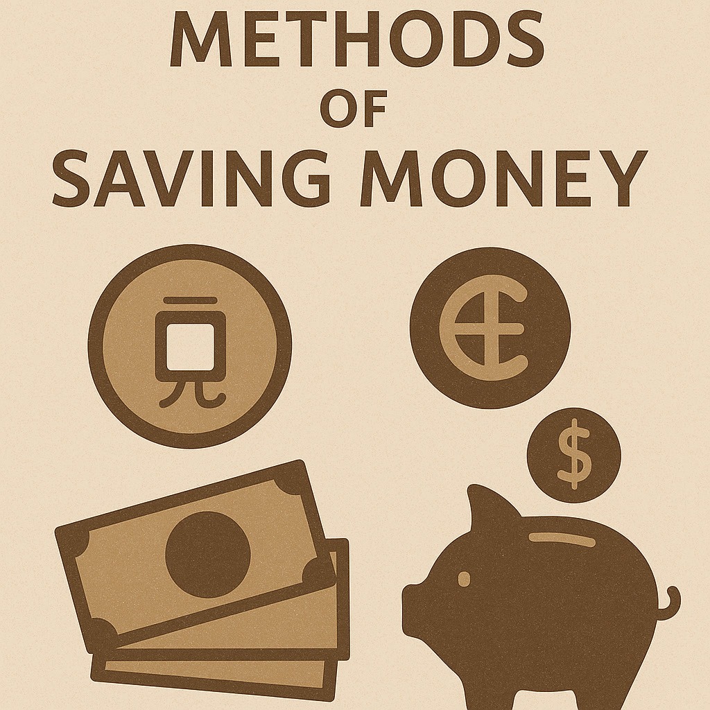Poster titled "Methods of Saving Money" with symbols of coins, banknotes, and a piggy bank.