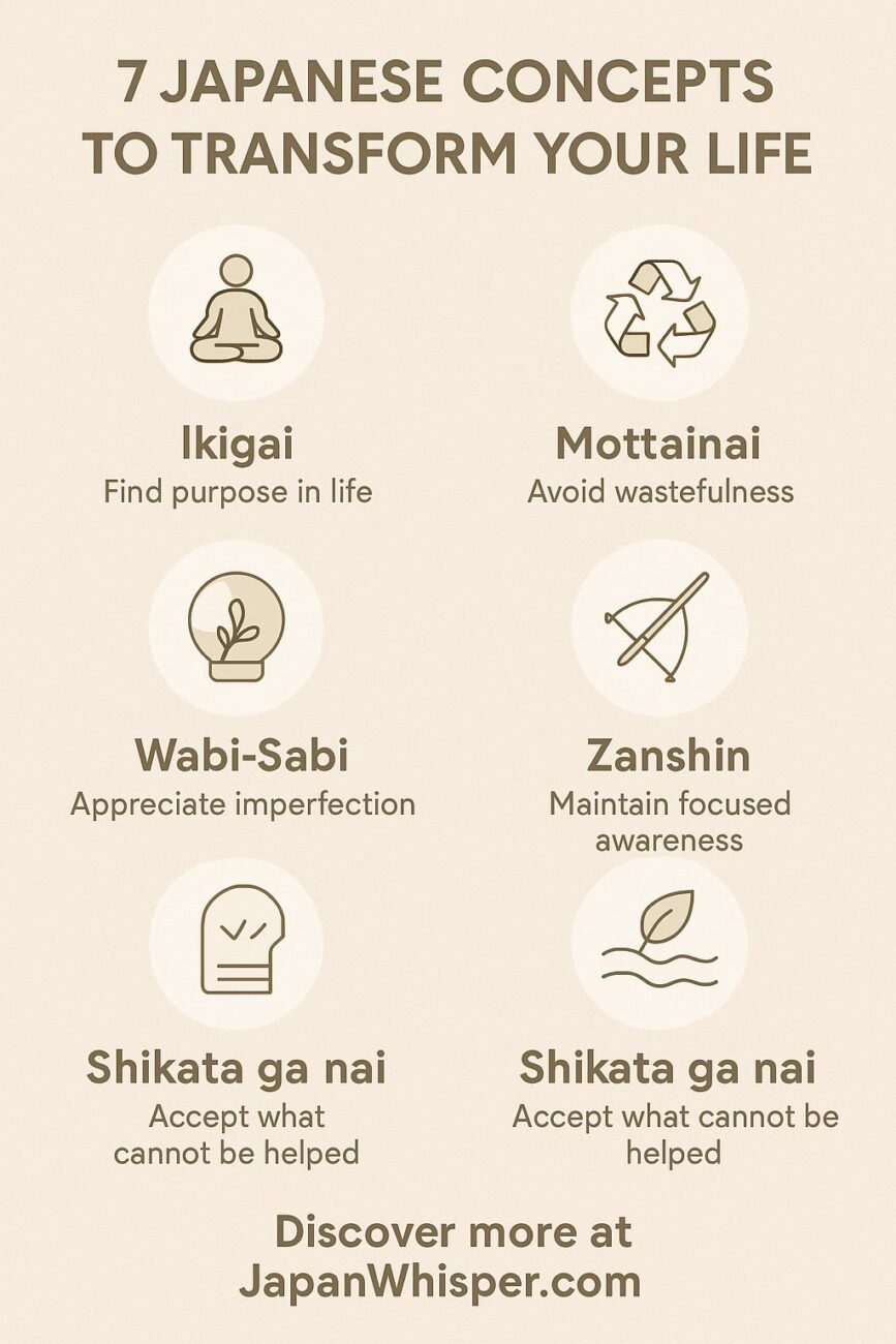 Infographic listing seven Japanese concepts: Ikigai, Mottainai, Wabi-Sabi, Zanshin, Shikata ga nai, Shikata ga nai, each with a short description and simple icons.