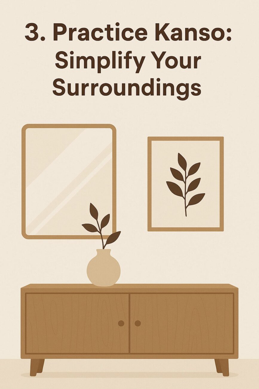 Illustration of a minimalist room with a wooden sideboard, a potted plant, and two framed artworks. Text reads: "3. Practice Kanso: Simplify Your Surroundings.