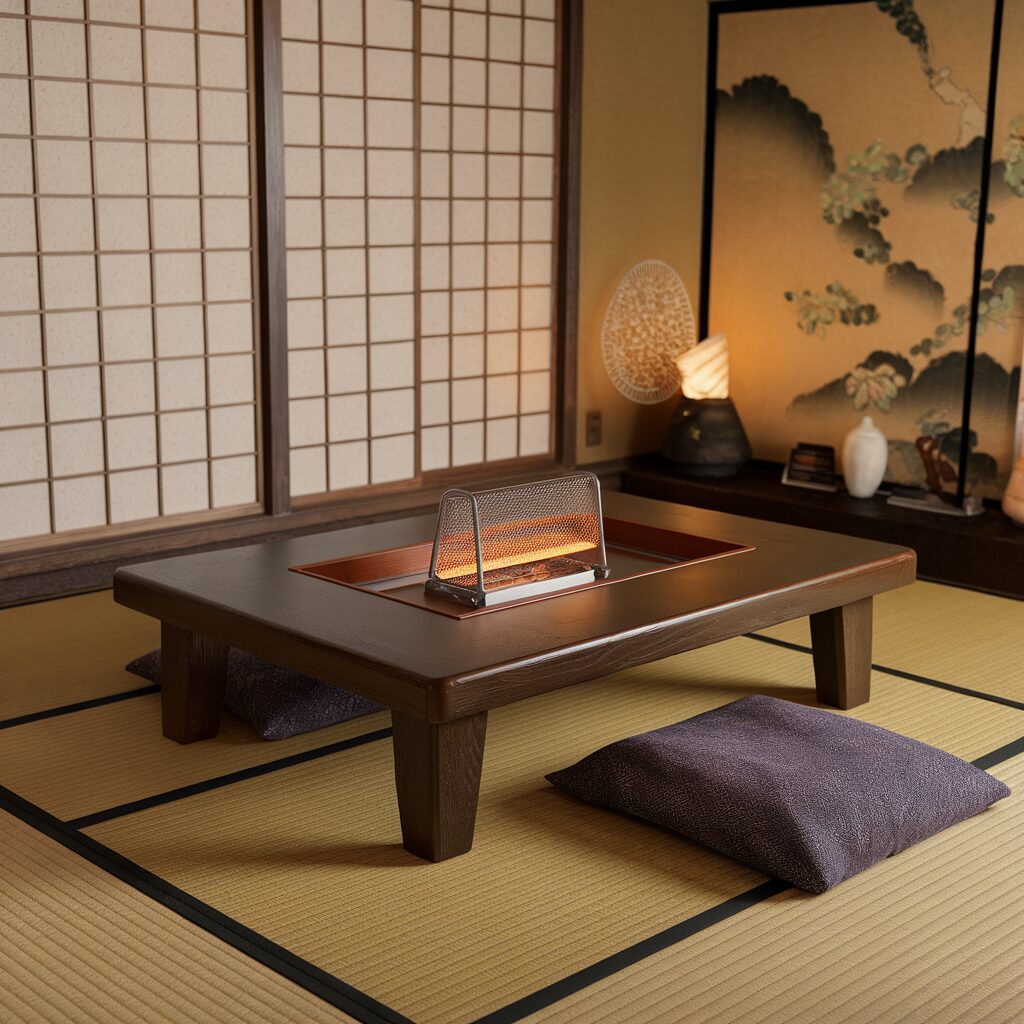 A traditional Japanese room with tatami mats, a low wooden table with a built-in heater, two floor cushions, and soft ambient lighting.