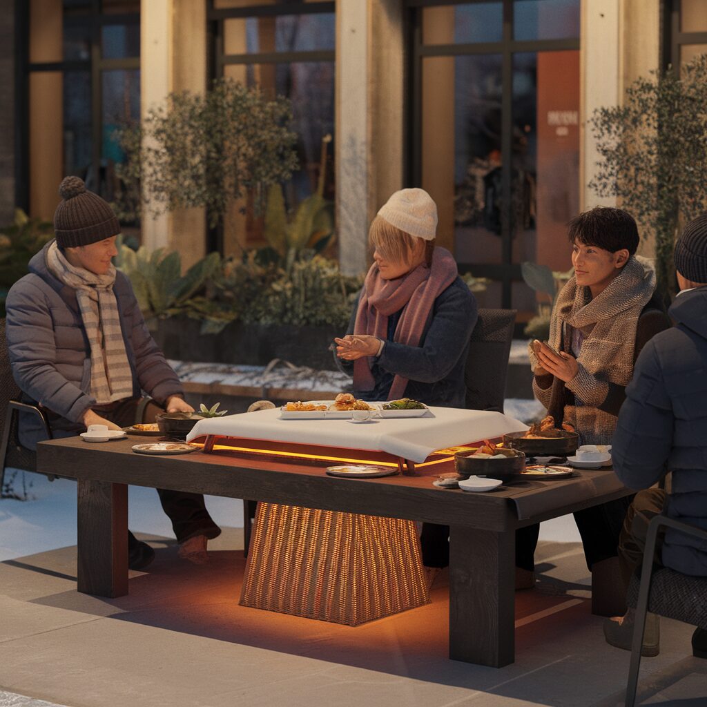 Four people in winter clothing sit around an outdoor table with food, heated by a built-in lamp. There are plants and a building in the background.