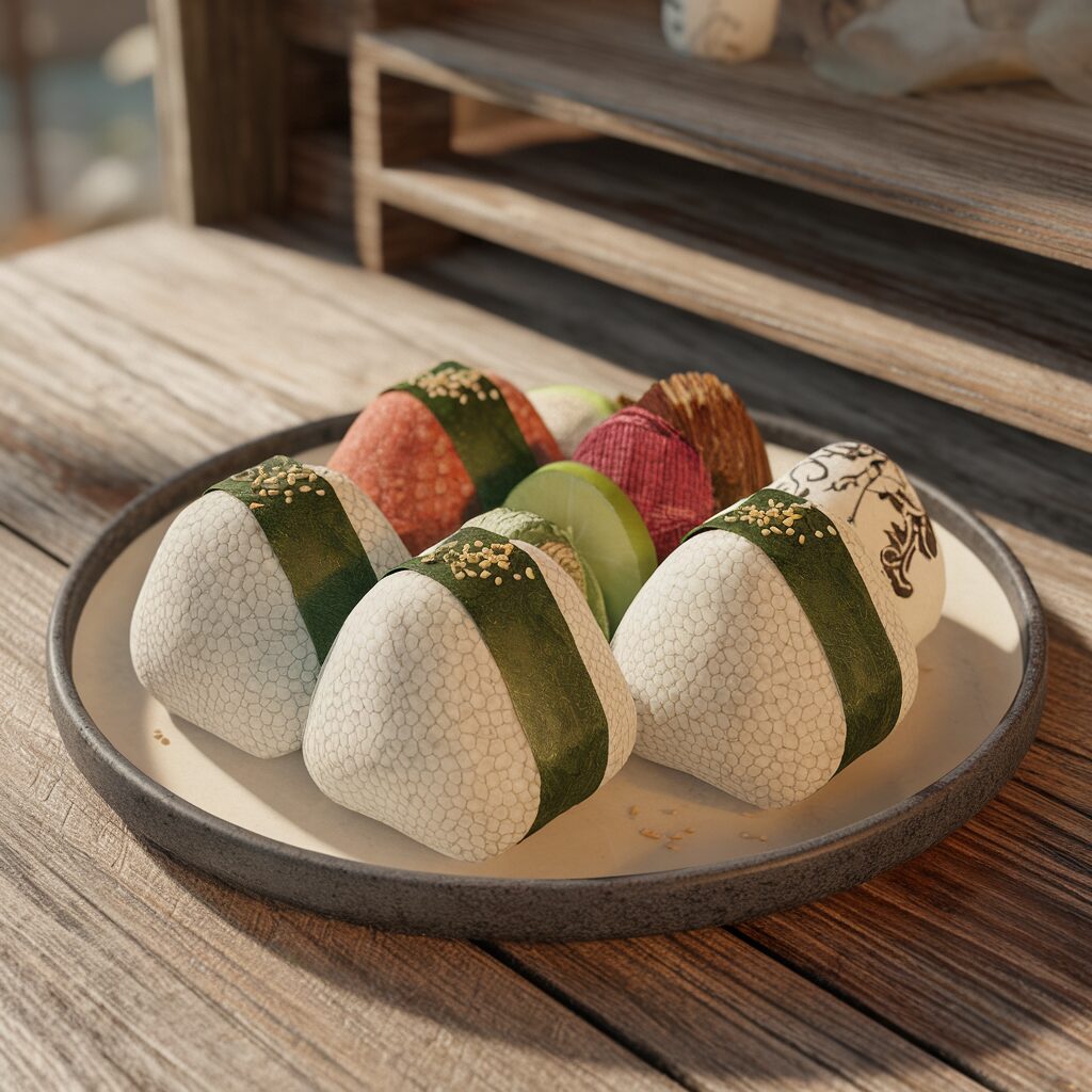 A ceramic plate with six pieces of decorative food, including three rice balls wrapped with seaweed and three colorful pieces resembling sushi, placed on a wooden table.