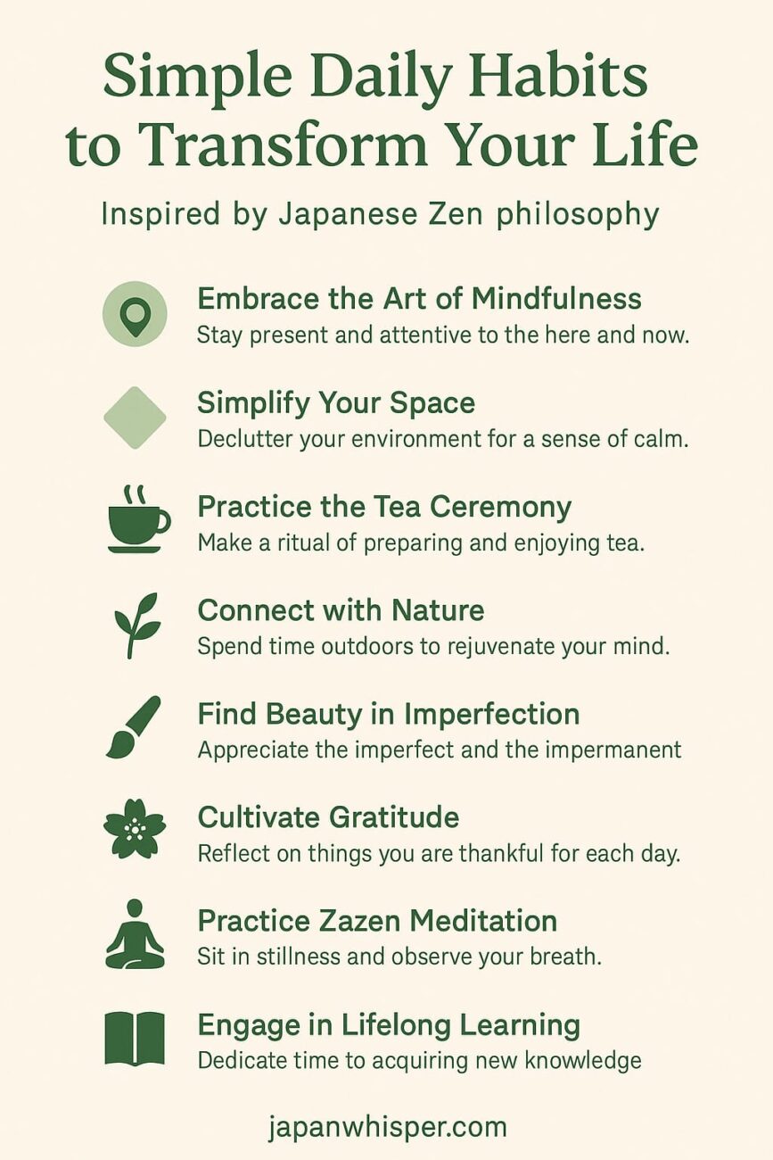 Infographic titled "Simple Daily Habits to Transform Your Life" lists seven habits inspired by Japanese Zen philosophy, including mindfulness, decluttering, tea ceremony, nature, gratitude, and learning.