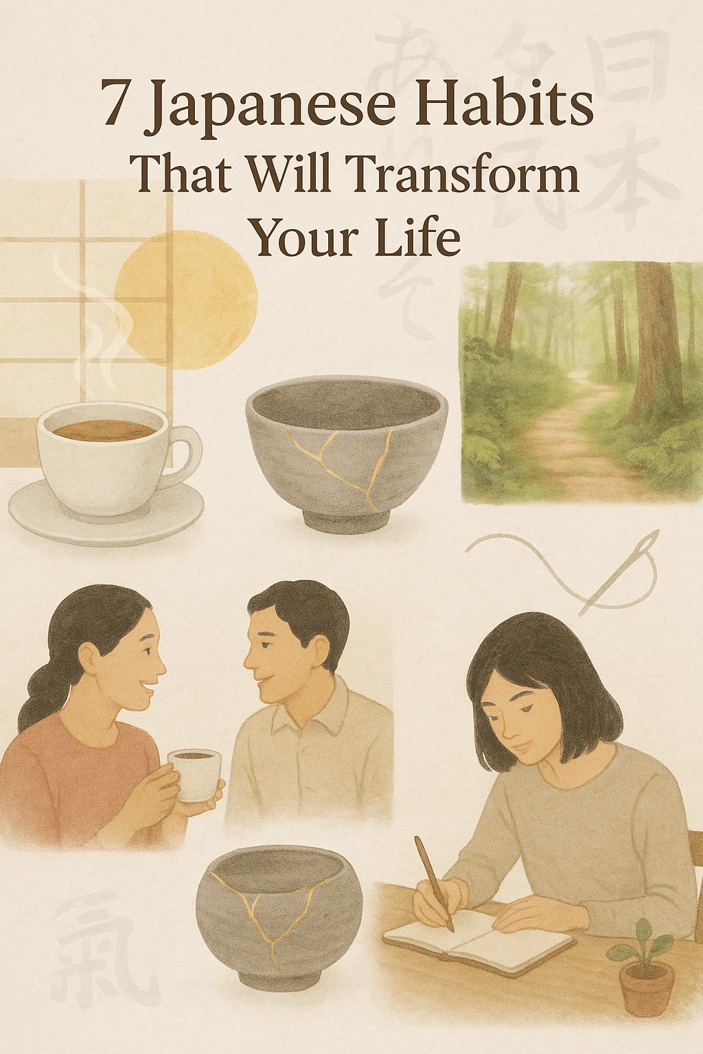 Illustration of Japanese habits featuring tea, kintsugi pottery, a forest path, and people enjoying tea and writing. Includes text: "7 Japanese Habits That Will Transform Your Life.