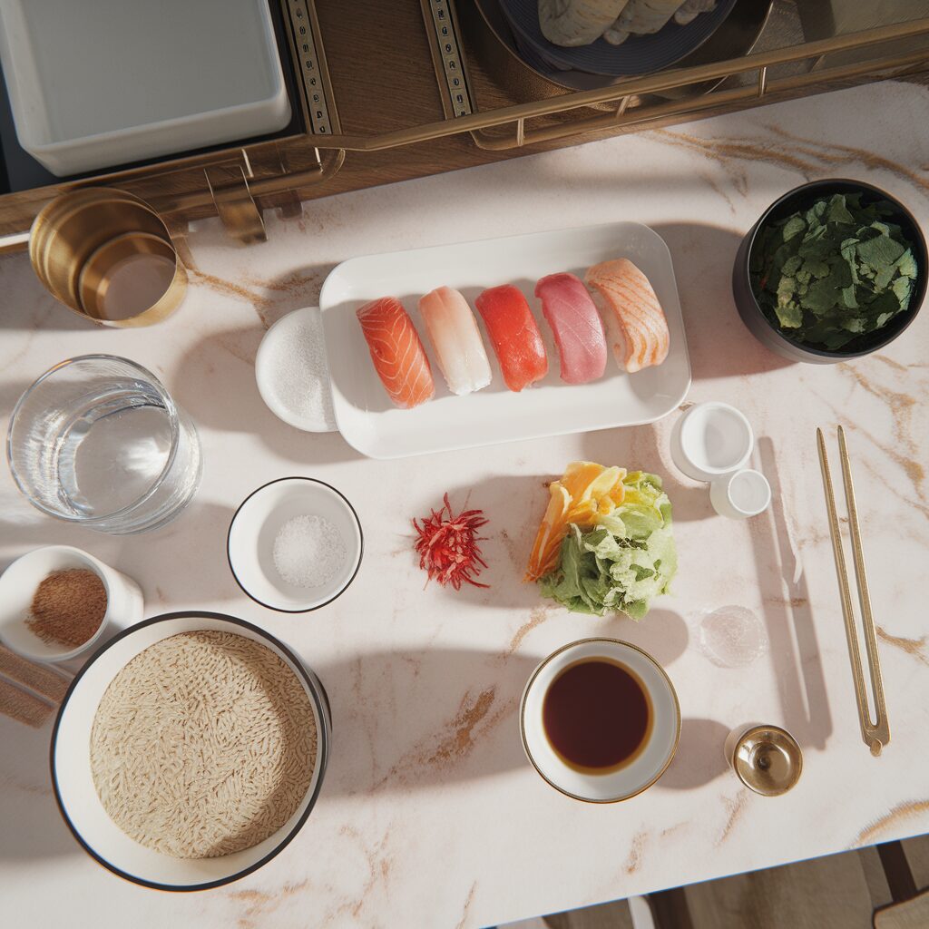 A collection of ingredients including short-grain rice, water, salt, rice vinegar, various fillings, and tools like measuring cups and bowls, all arranged on a white marble countertop with hints of gold. The scene is illuminated by natural lighting, shot top-down on an iPhone 15 Pro.