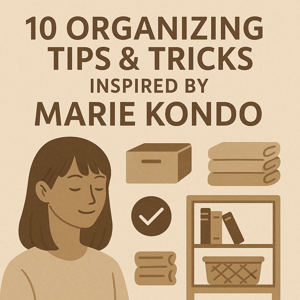 Illustration of a woman next to organizing items. Text reads: "10 Organizing Tips & Tricks Inspired by Marie Kondo." Features boxes, folded clothes, and a shelf.