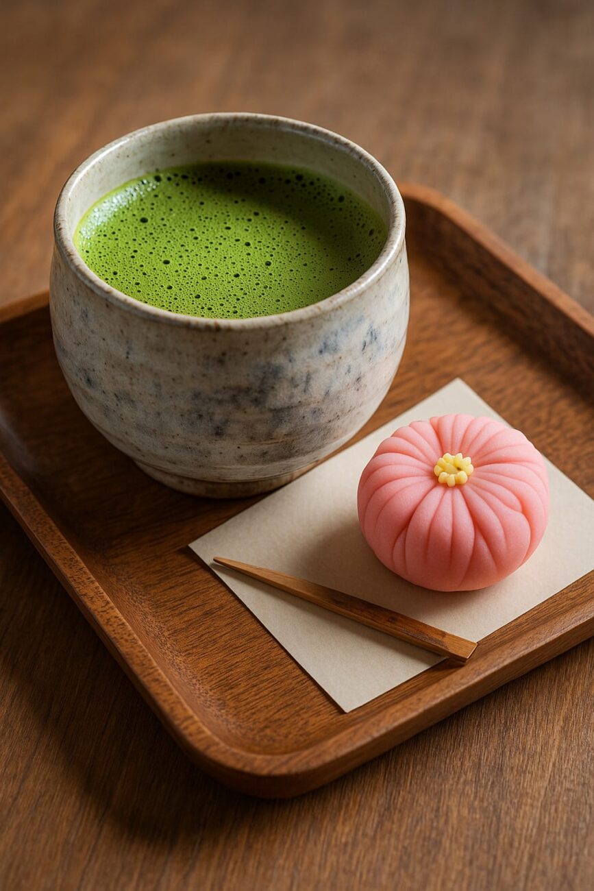 A ceramic cup of matcha sits on a wooden tray alongside a pink flower-shaped wagashi and a small wooden pick.