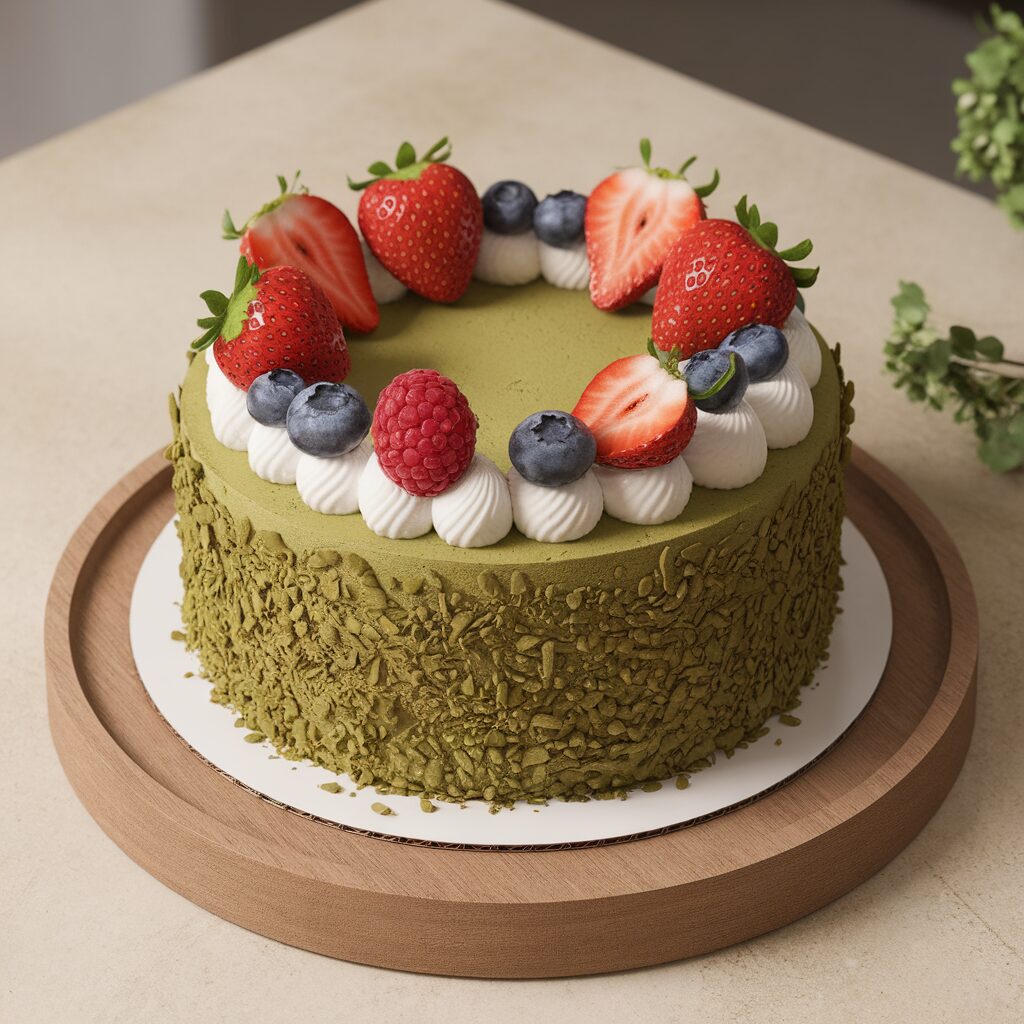 A matcha cake topped with whipped cream, strawberries, blueberries, and a raspberry, displayed on a round wooden tray.