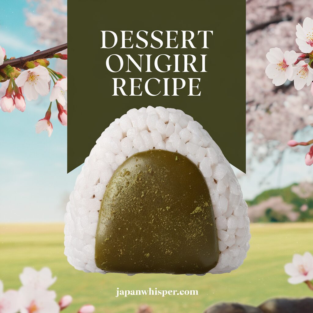 A close-up of a dessert onigiri with a green filling is displayed in front of cherry blossoms, with text reading "Dessert Onigiri Recipe" and "japanwhisper.com".