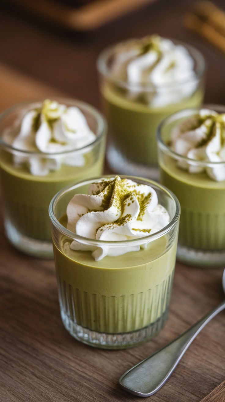 Four glasses of green matcha mousse topped with whipped cream, placed on a wooden surface with a spoon nearby.
