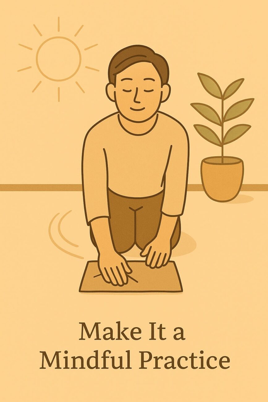 Illustration of a person kneeling on a mat with closed eyes, next to a potted plant and sun drawing, with the text "Make It a Mindful Practice.