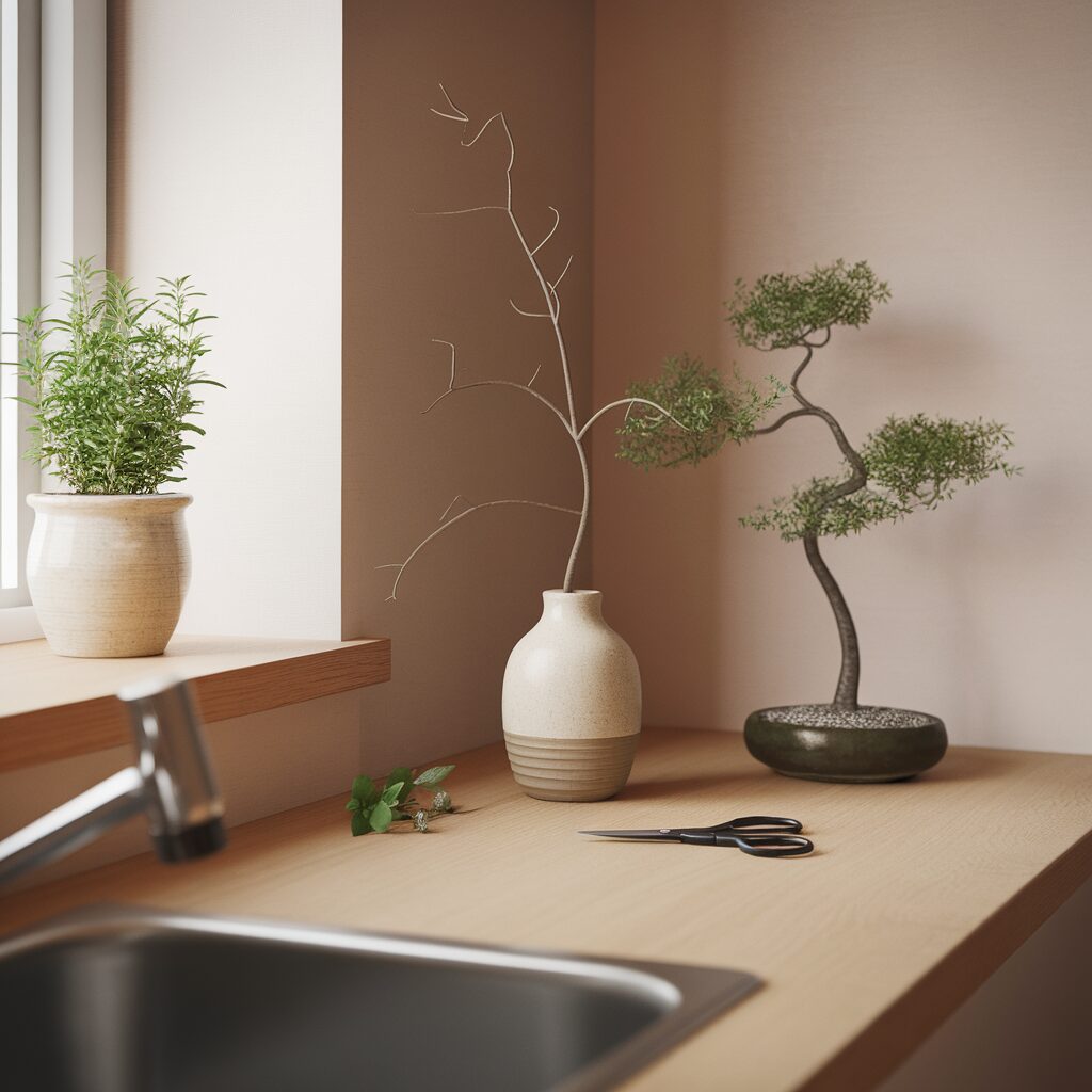 A kitchen countertop with a potted herb, a vase with a bare branch, a bonsai tree, a pair of scissors, and a few herb sprigs, next to a sink and window.