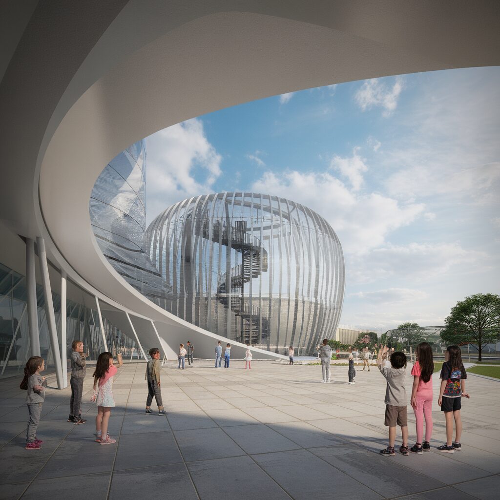 Children stand on a plaza outside a modern building with curved architecture and a large, futuristic structure featuring spiral stairs and vertical metal slats.