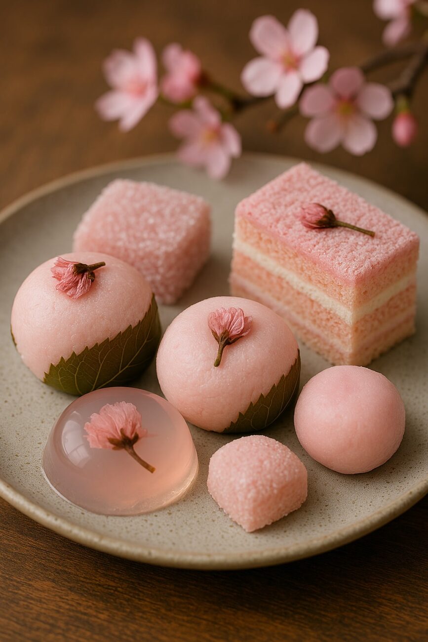 A plate with various pink sakura-themed desserts, including layered cake, mochi, jelly, and sugar-coated treats, garnished with cherry blossoms.