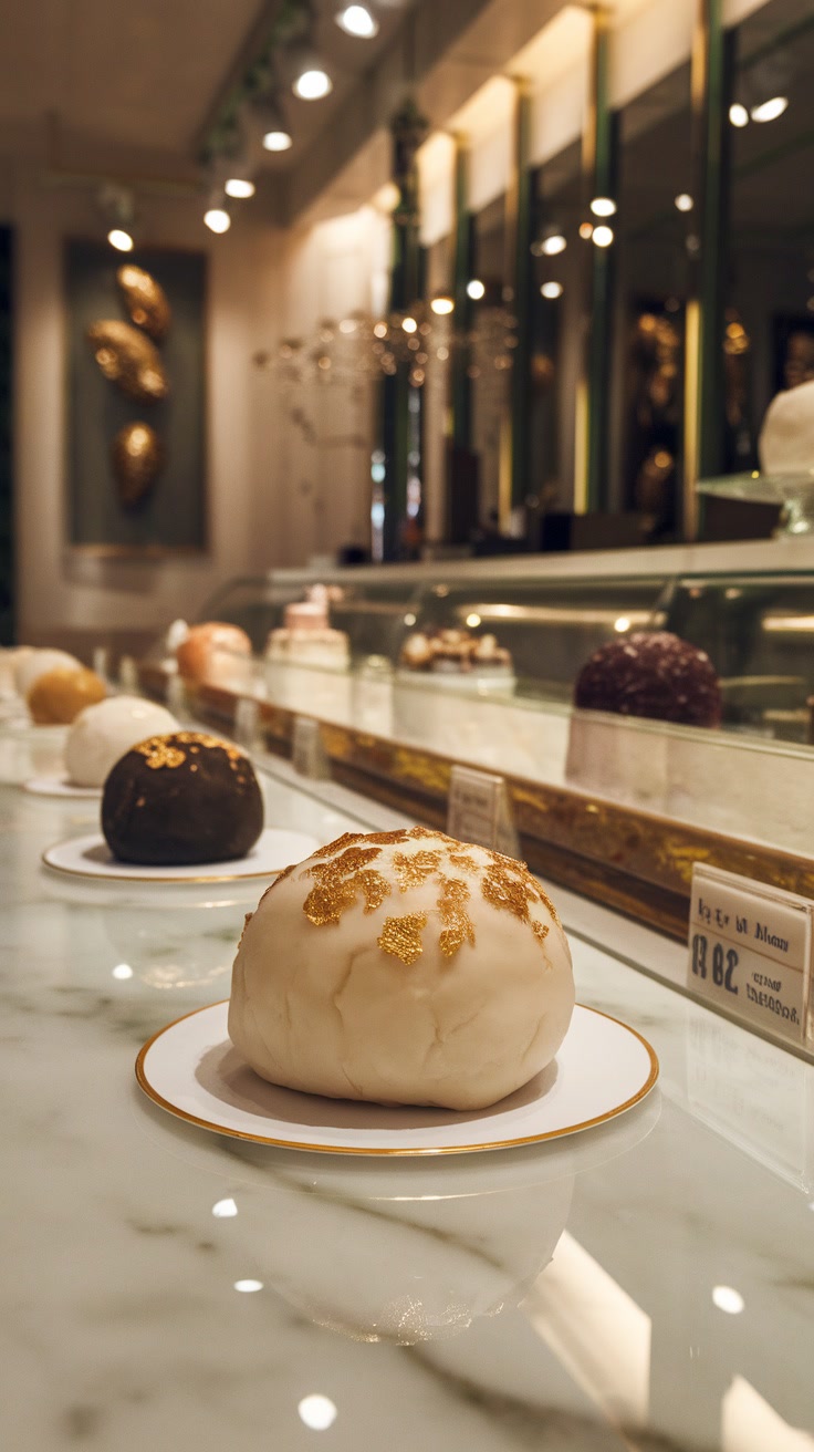 A marble counter displays various spherical desserts, each on a white plate. The foreground dessert is decorated with gold leaf. A price tag is visible, and a glass case is in the background.