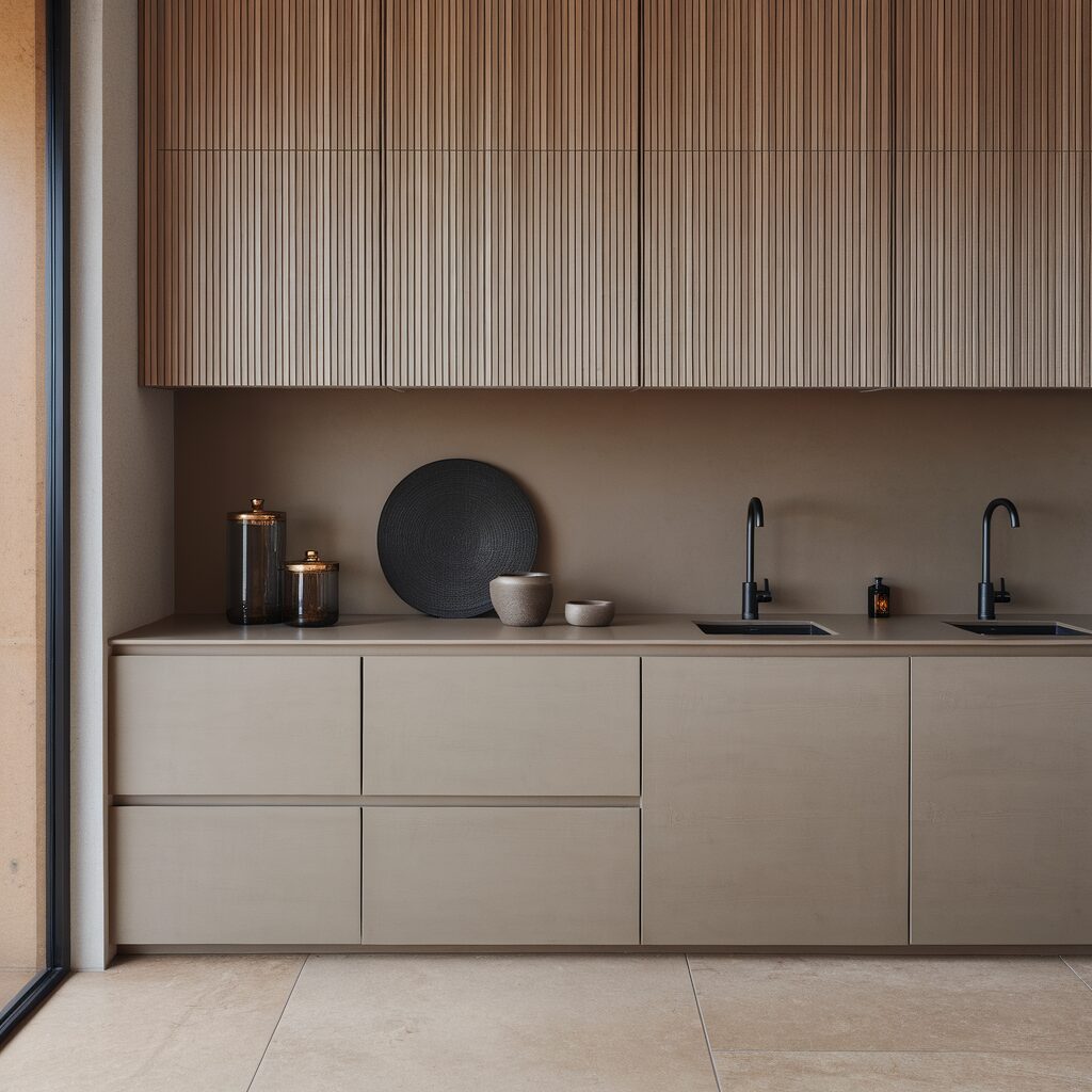 Modern kitchen with beige cabinets, a double sink, minimalist decor including jars, bowls, and a black plate against a neutral backsplash, and vertical wood paneling on upper cabinets.