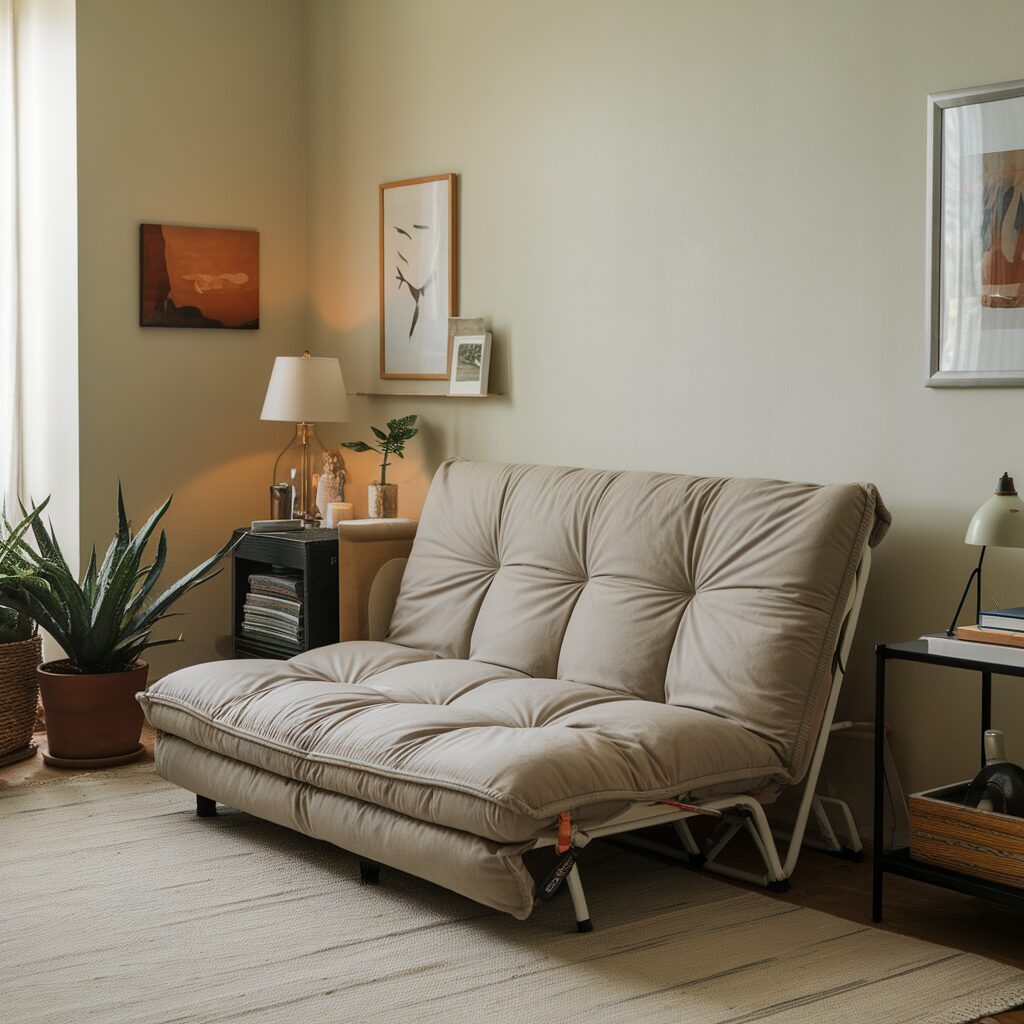 A beige futon sofa sits against a light green wall in a living room, surrounded by framed art, a lamp, a potted plant, a side table, and a carpeted floor.
