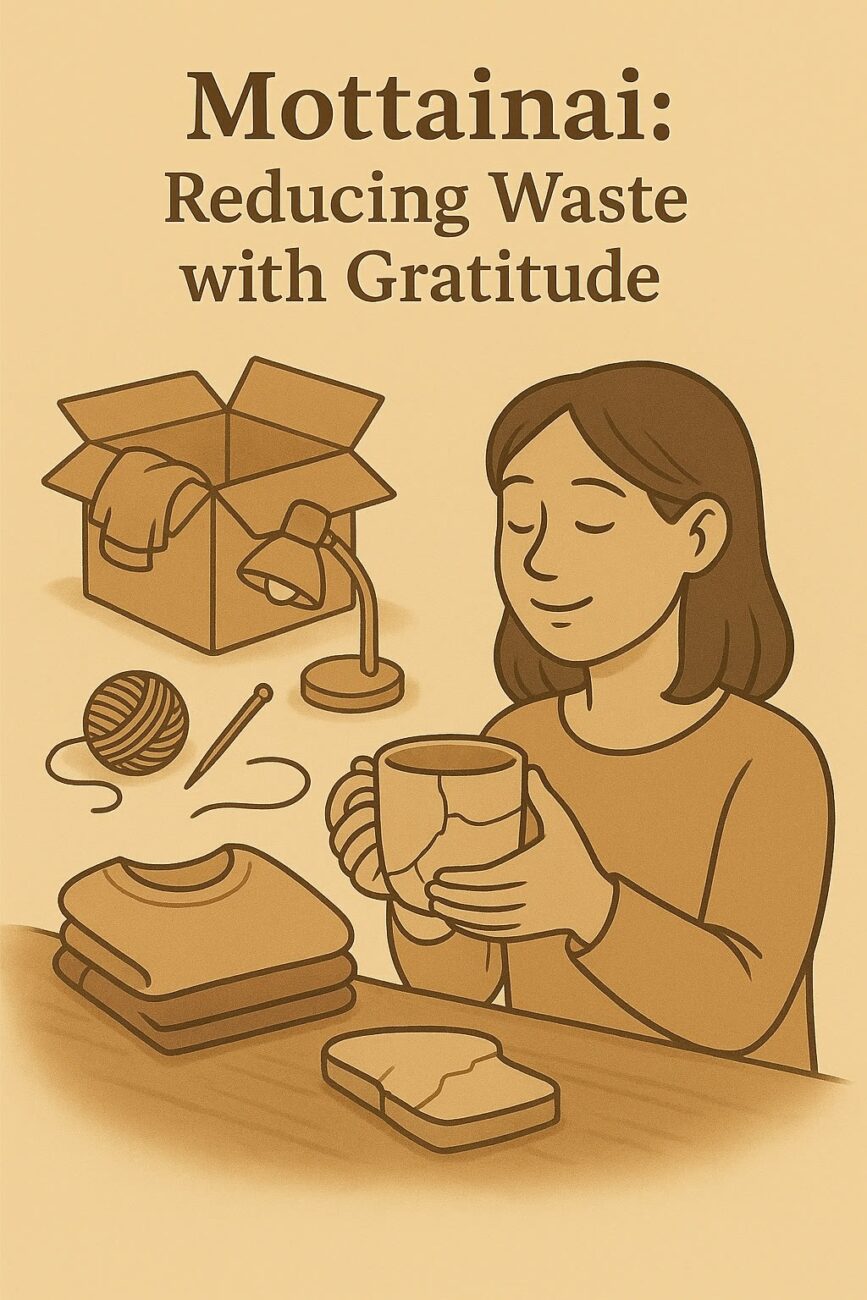 A woman holds a repaired mug at a table with folded clothes and a plate. A box of used items, lamp, yarn, and tools are nearby. Text reads, "Mottainai: Reducing Waste with Gratitude.