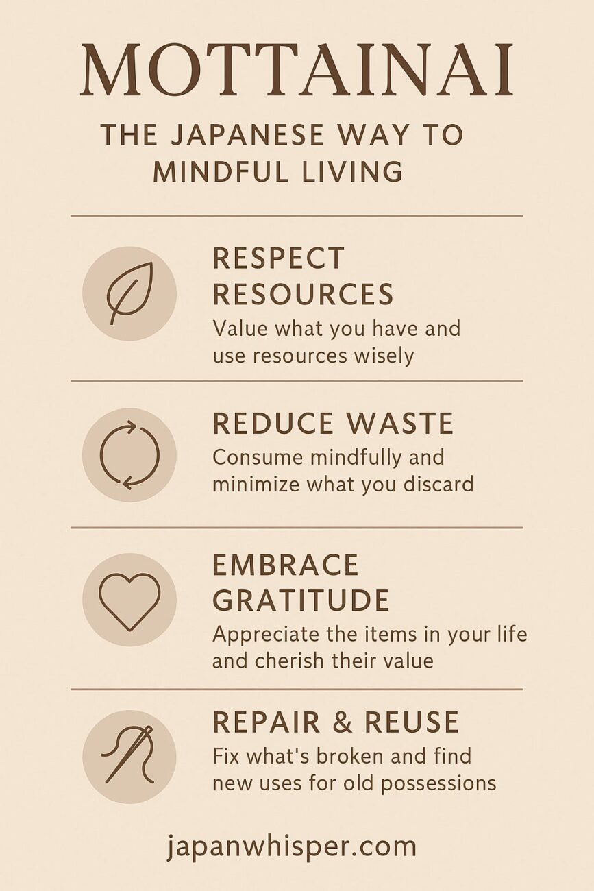 Infographic explaining mottainai, the Japanese way to mindful living: respect resources, reduce waste, embrace gratitude, and repair & reuse.