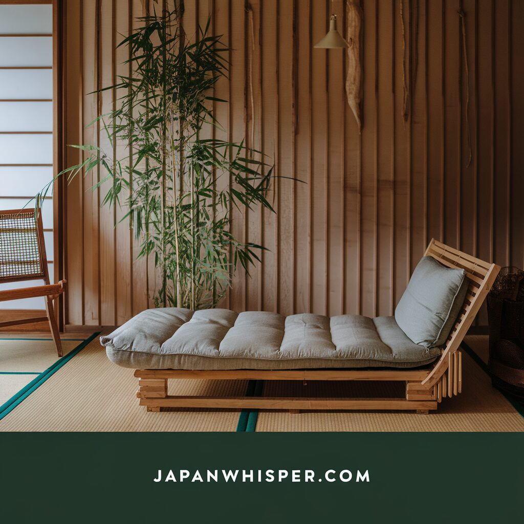 A minimalist room with a wooden chaise lounge, a green cushion, a bamboo plant, a chair, and tatami mats, with "JAPANWHISPER.COM" text at the bottom.