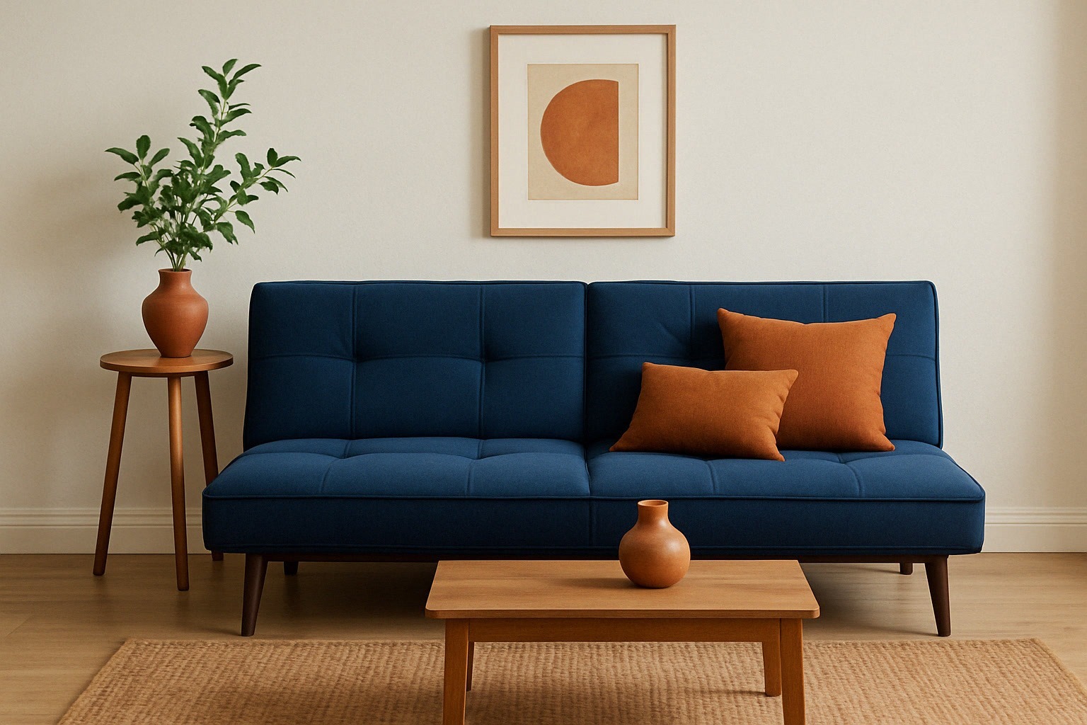 A modern living room with a blue sofa, two orange cushions, a wooden coffee table with a vase, a side table with a plant, and framed abstract art on a light wall.