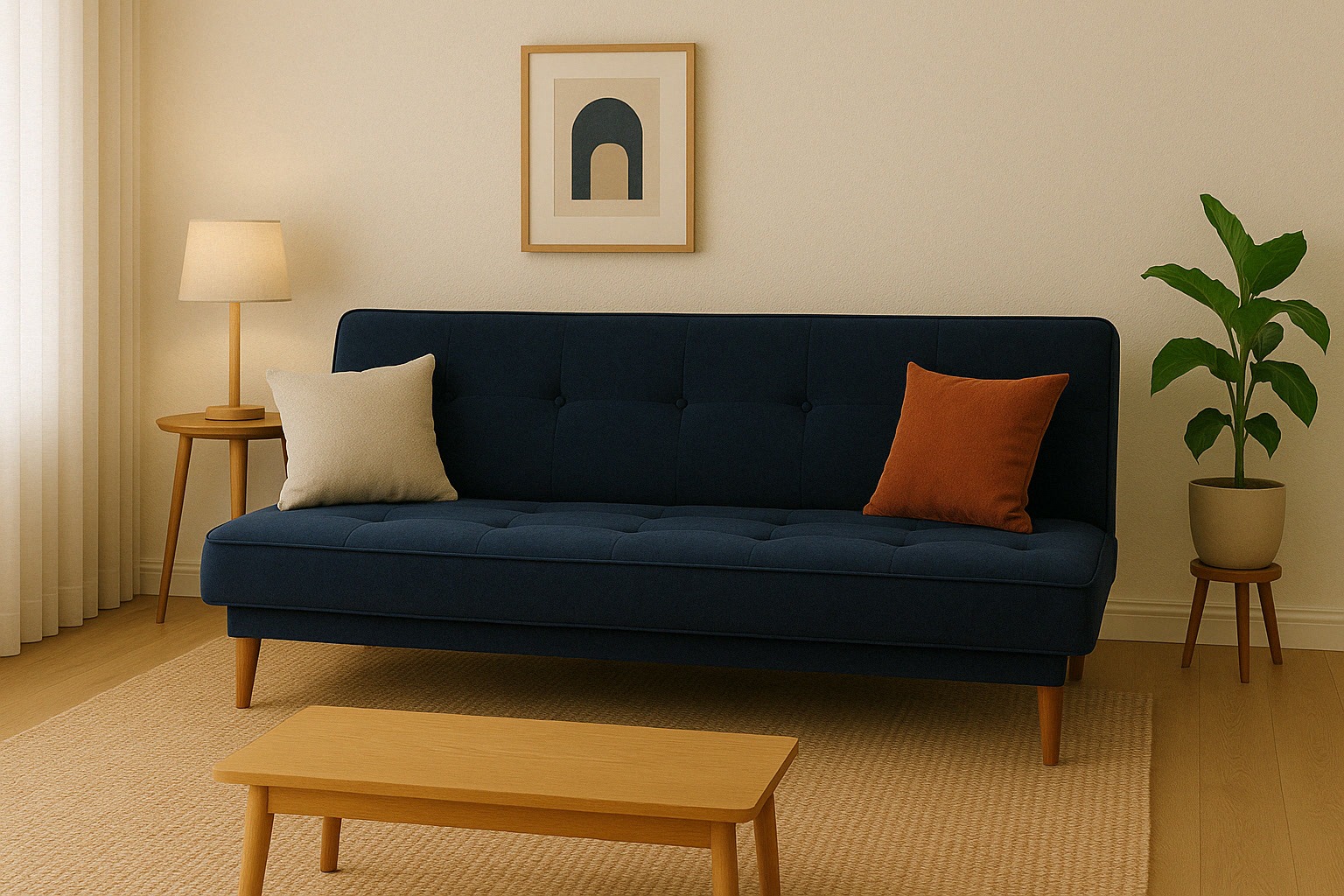 A modern living room with a navy blue sofa, beige and brown cushions, a wooden coffee table, a side table with a lamp, a potted plant, and framed wall art.