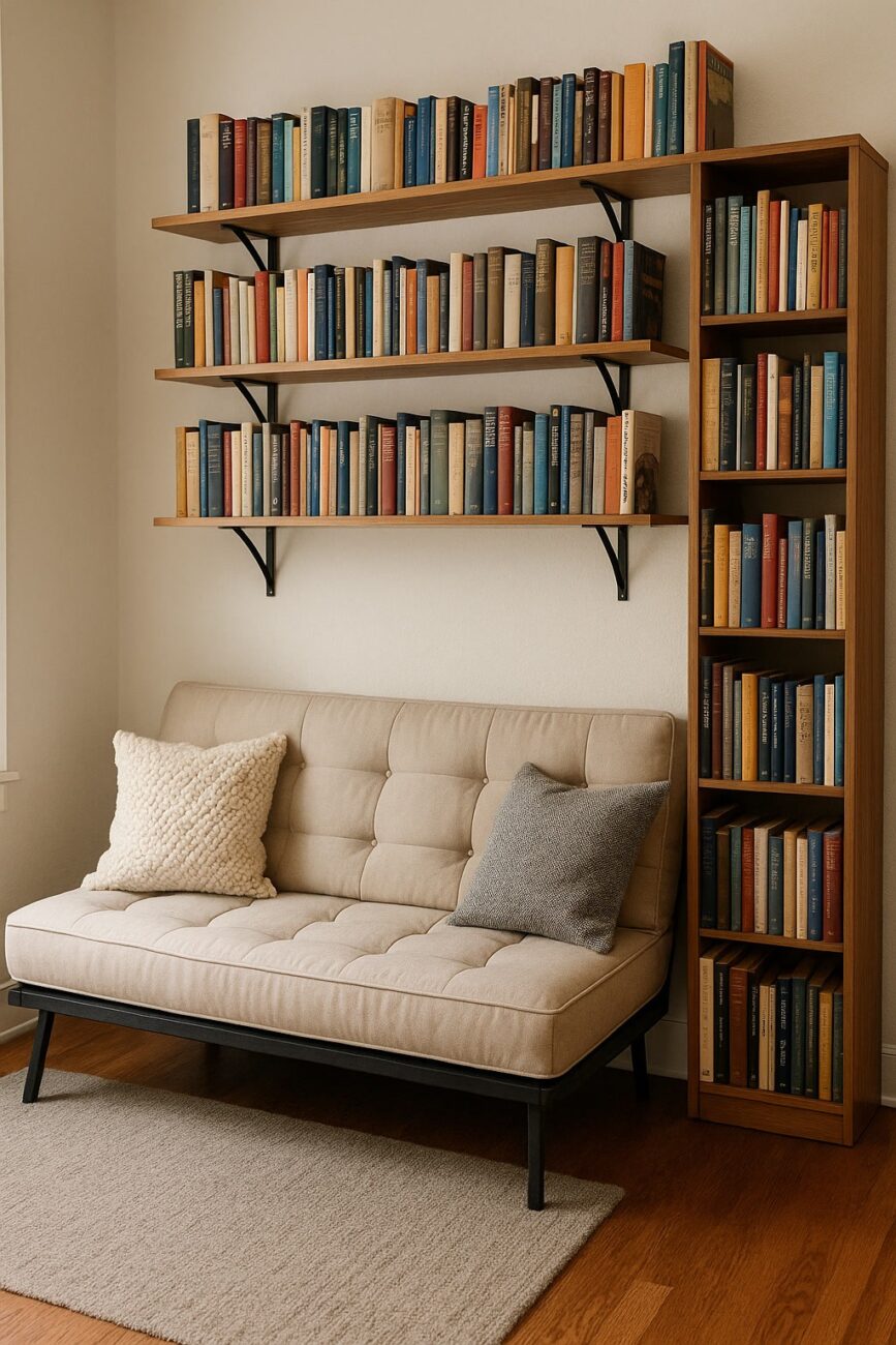 A beige sofa with two pillows sits in front of wall-mounted shelves and a bookcase filled with books in a room with wood flooring and a small rug.