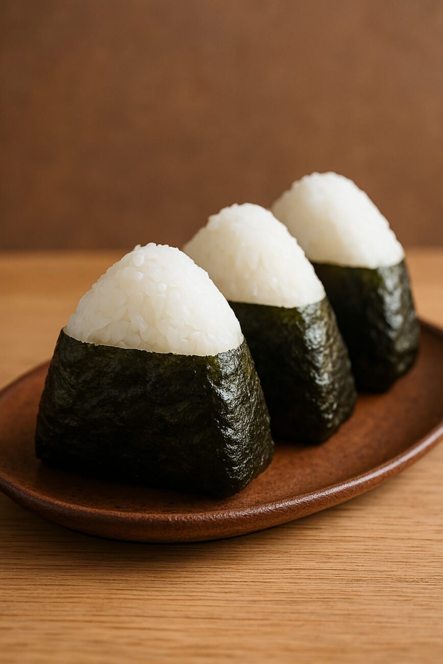 Three triangular rice balls wrapped in seaweed are neatly arranged on a brown plate.