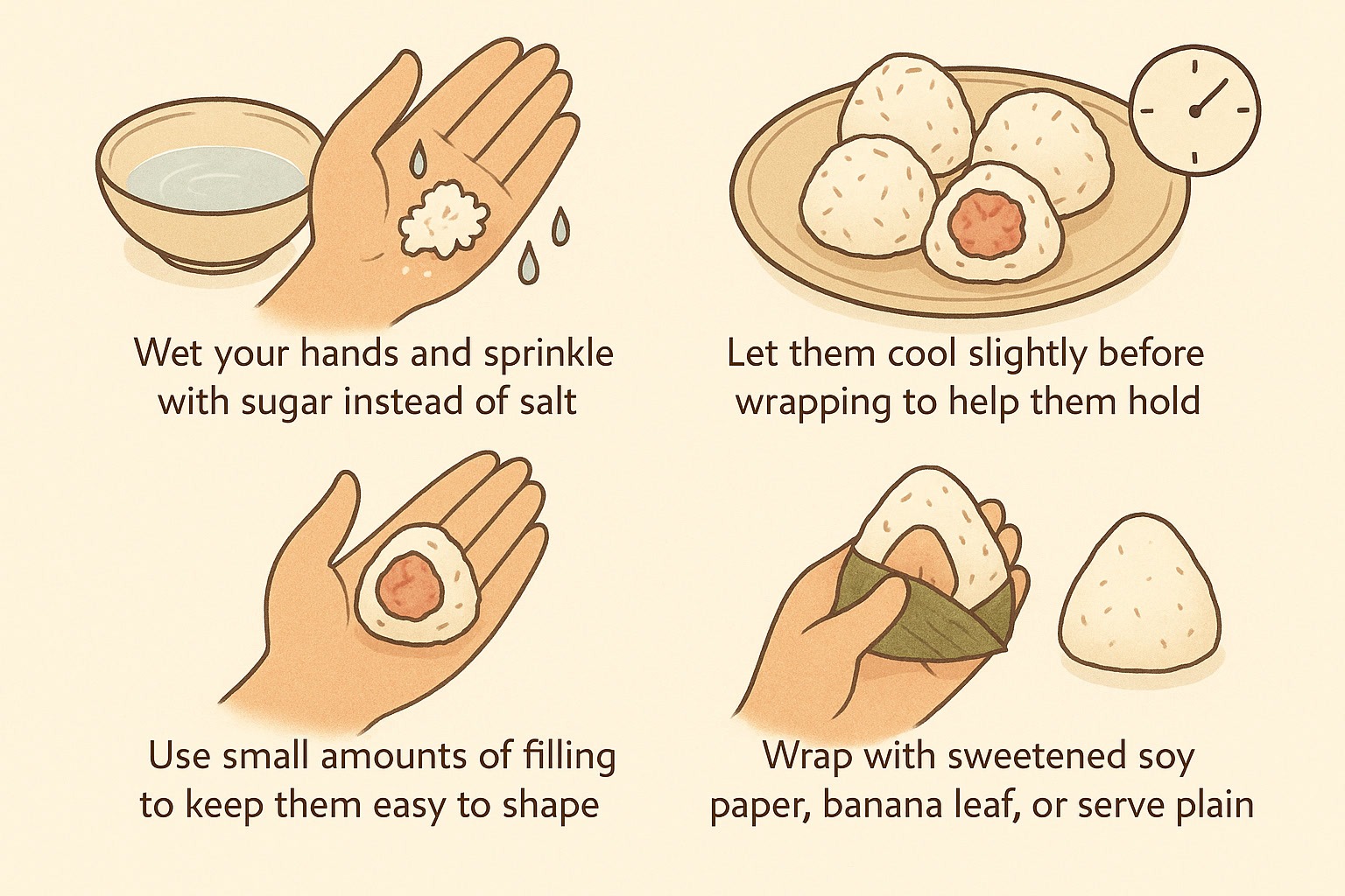 Step-by-step illustration showing how to make onigiri: wet hands with water and sugar, use small filling, let cool, and wrap in soy paper, banana leaf, or serve plain.