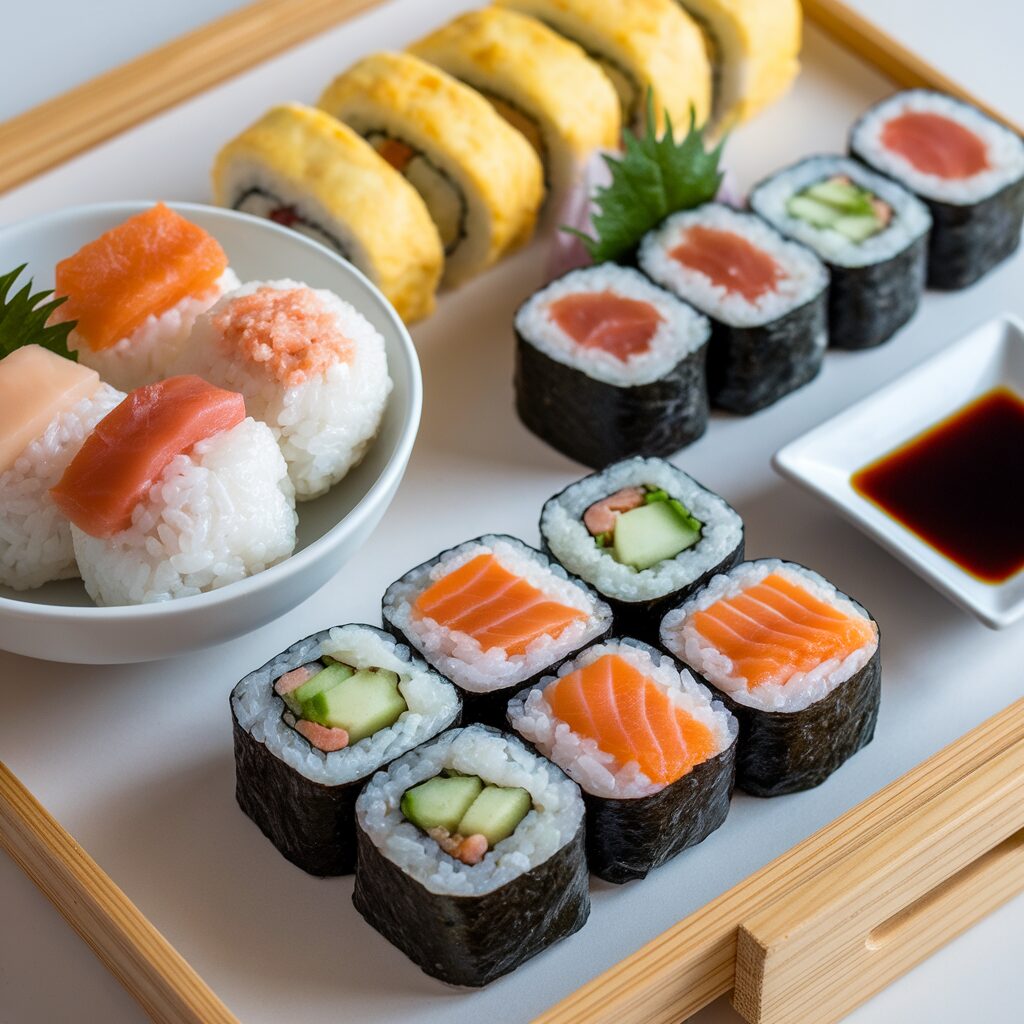 A wooden tray with assorted sushi rolls, nigiri, and a small bowl of soy sauce. The sushi includes salmon, cucumber, and egg varieties, neatly arranged.