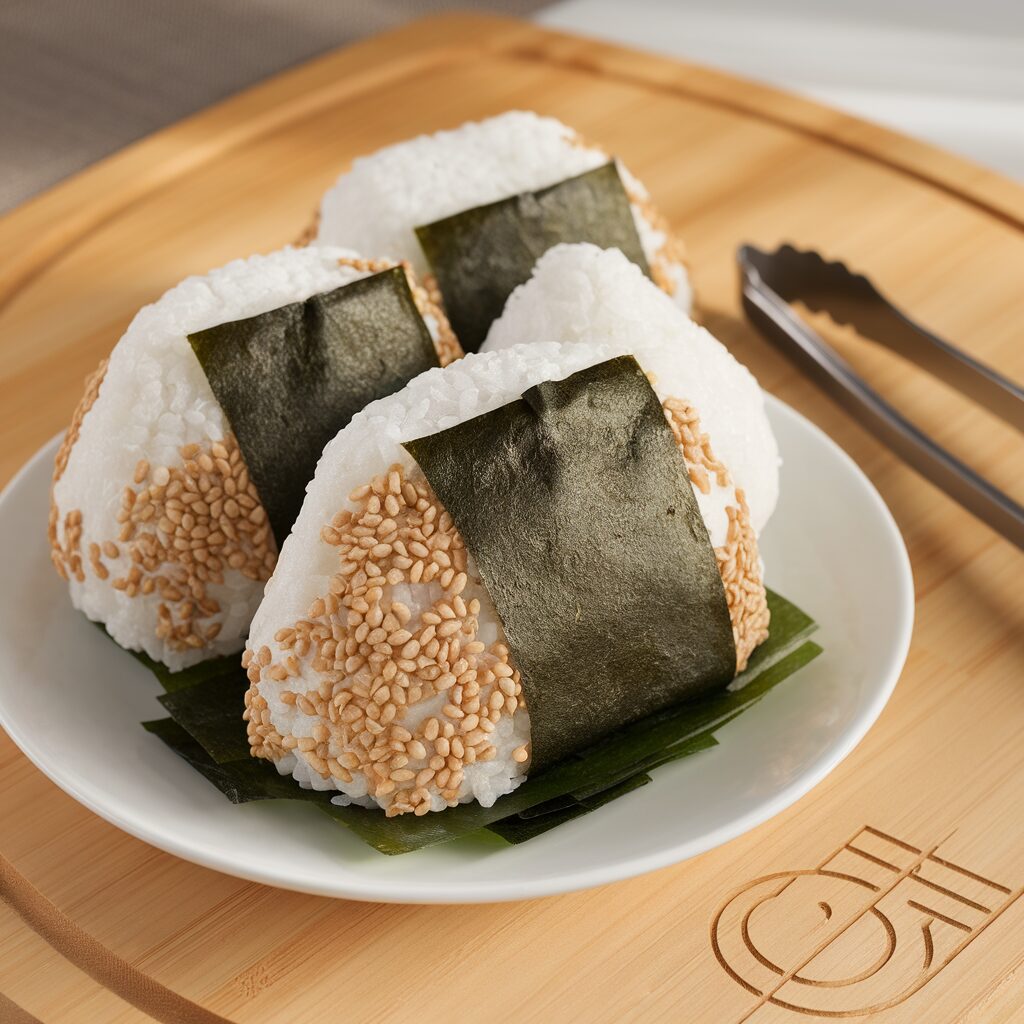 Three rice balls (onigiri) covered with sesame seeds and wrapped with seaweed are arranged on a white plate, placed on a wooden board with metal tongs nearby.