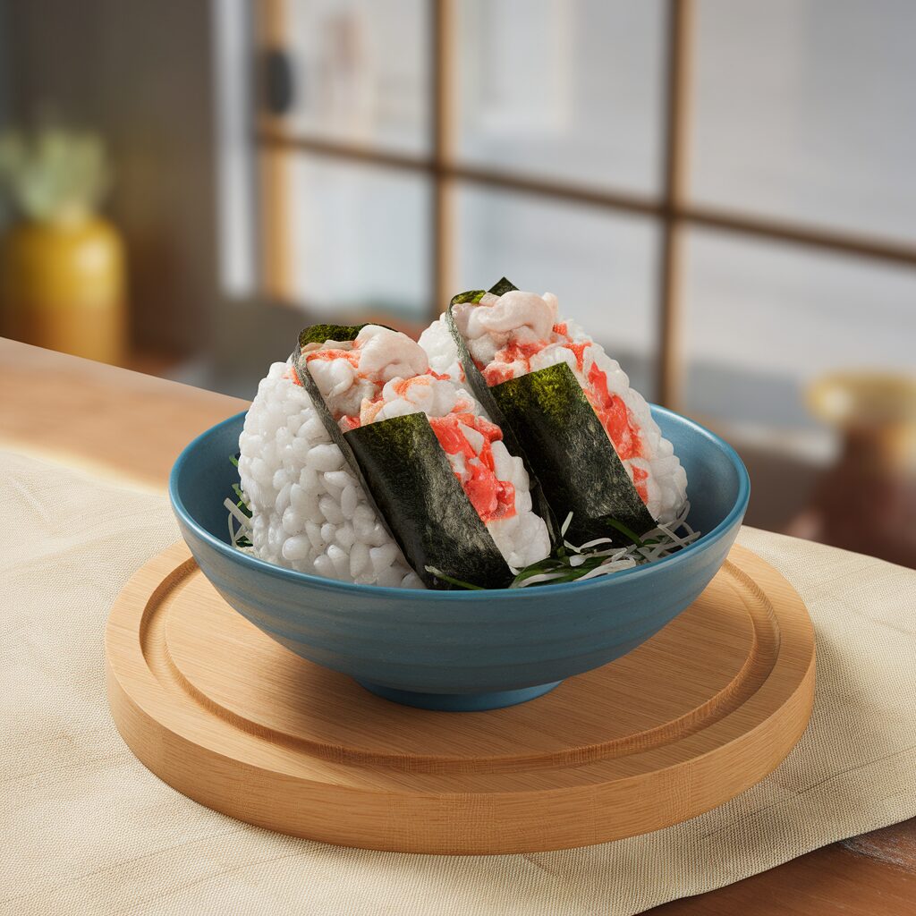 A blue bowl with two sushi rice balls wrapped in seaweed, filled with crab and shrimp, sits on a wooden tray on a table.