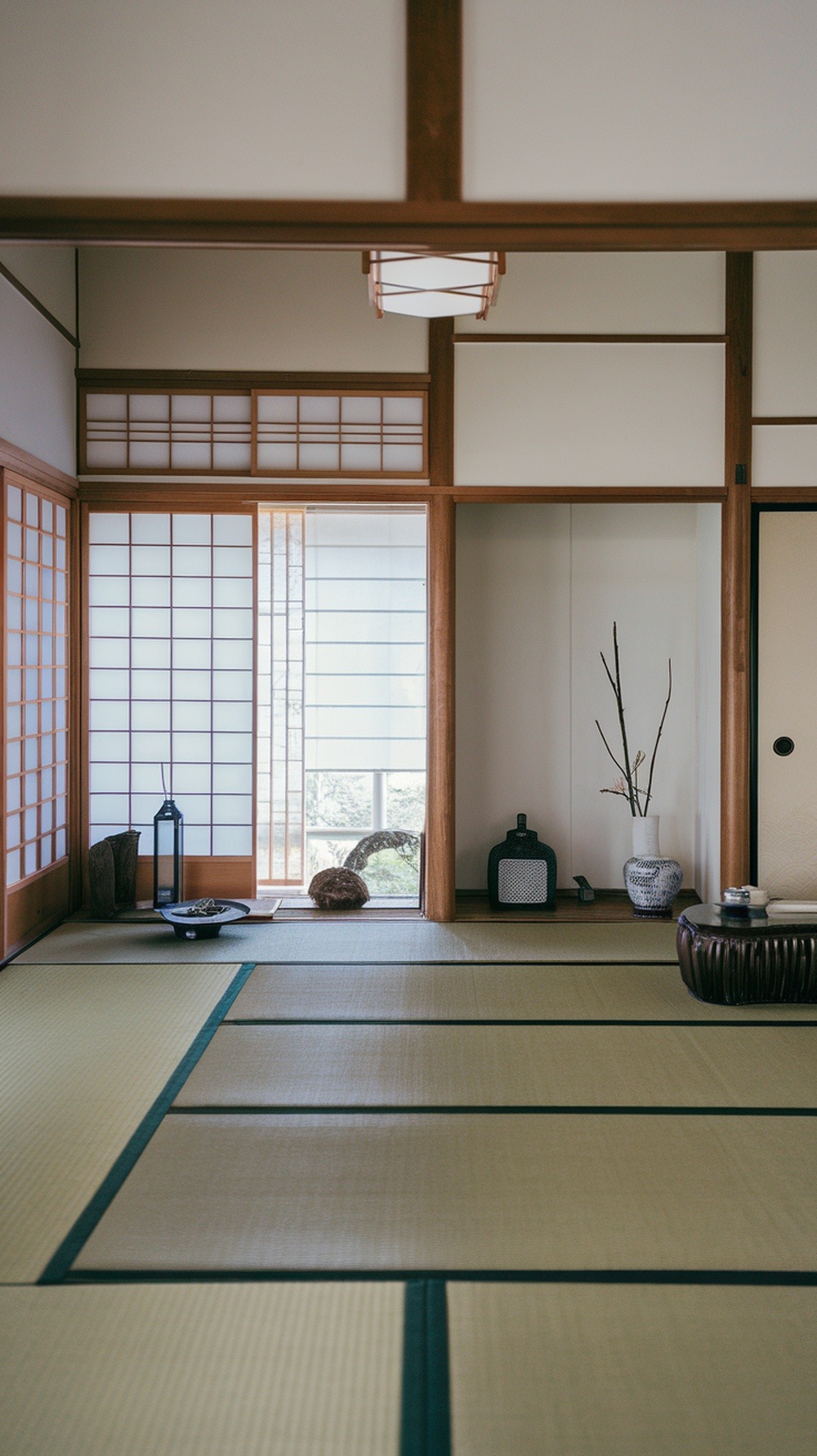Minimalist Japanese room with tatami flooring, shoji doors, and a low table. A few decorative items, including a vase with branches, are placed around the room. Natural light filters in.
