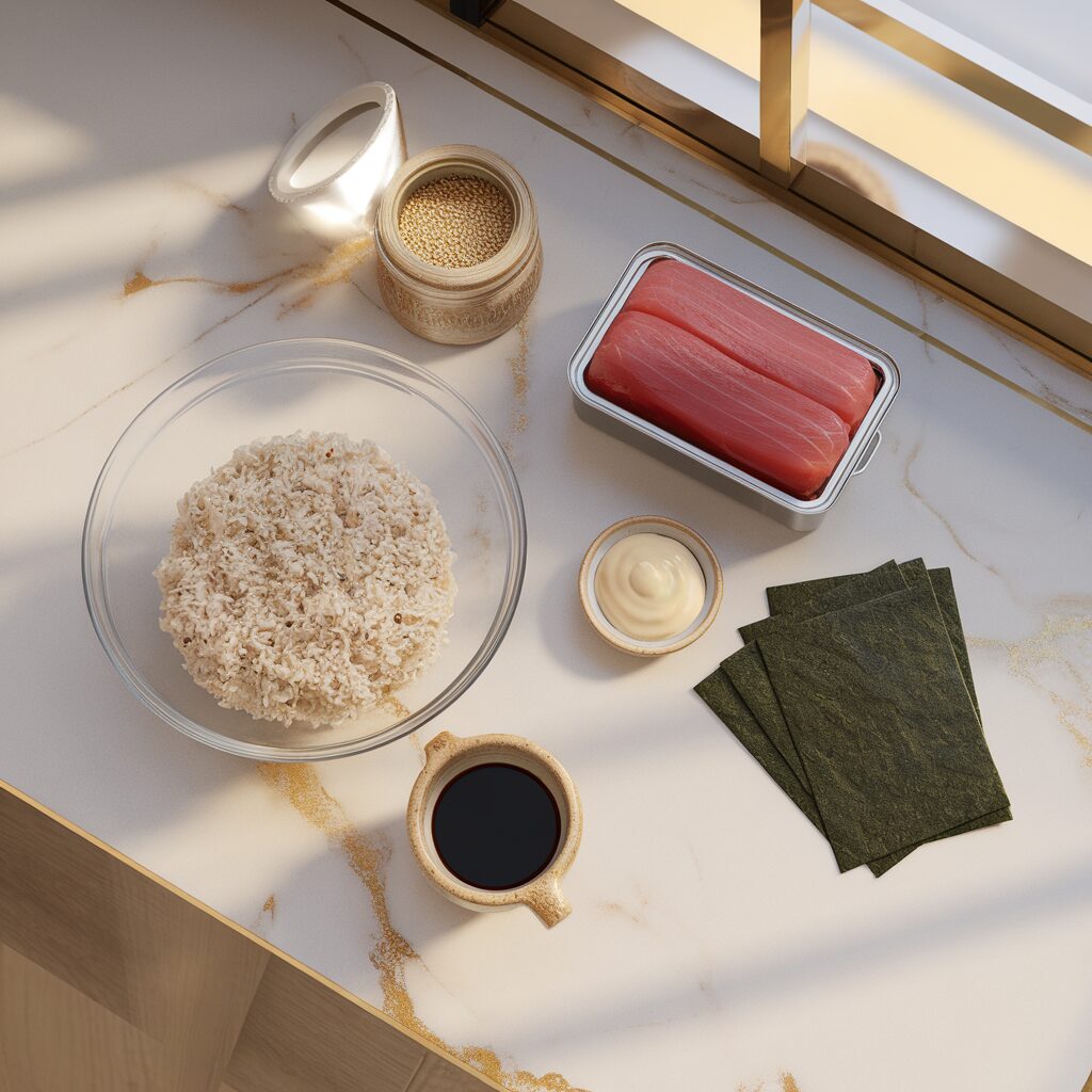An assortment of ingredients including sushi rice in a clear glass bowl, a can of tuna, a small dish of mayonnaise, soy sauce in a ceramic cup, a jar of sesame seeds, and nori sheets, all placed on a white marble countertop with hints of gold. Natural lighting enhances the colors, and the scene is captured top-down using an iPhone 15 Pro.