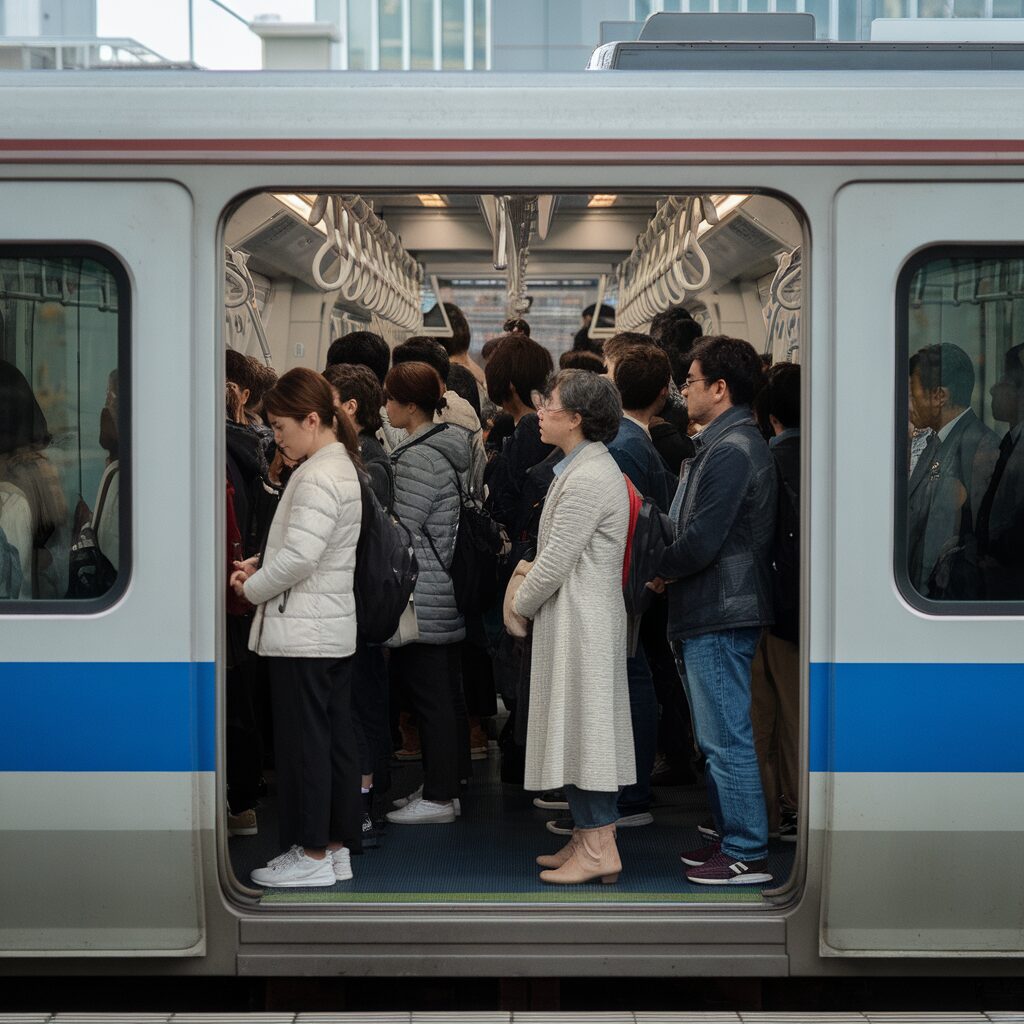 Passengers stand closely together inside a crowded train carriage, viewed from an open door at a station platform.