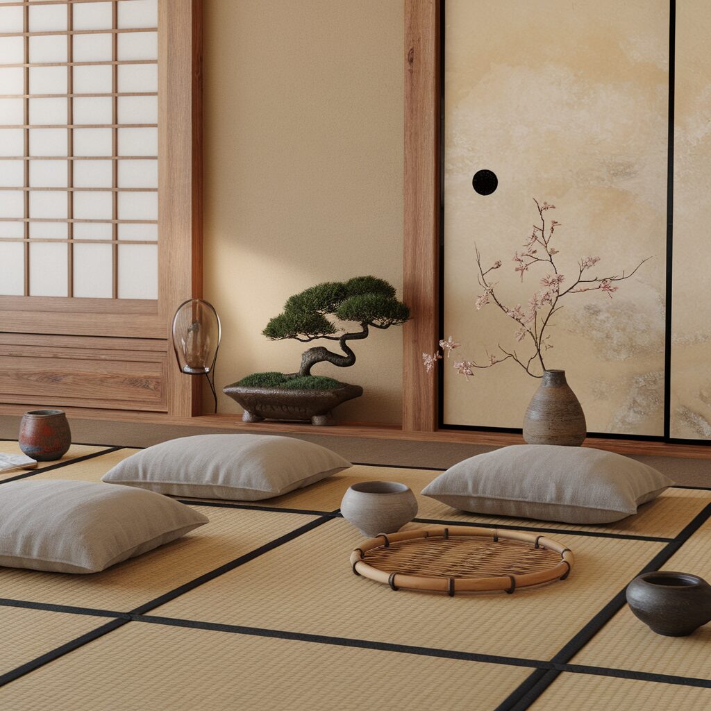 Minimalist Japanese-style room with tatami mats, cushions, a bonsai tree, pottery, and a low tray, set against traditional sliding doors and a wooden wall.