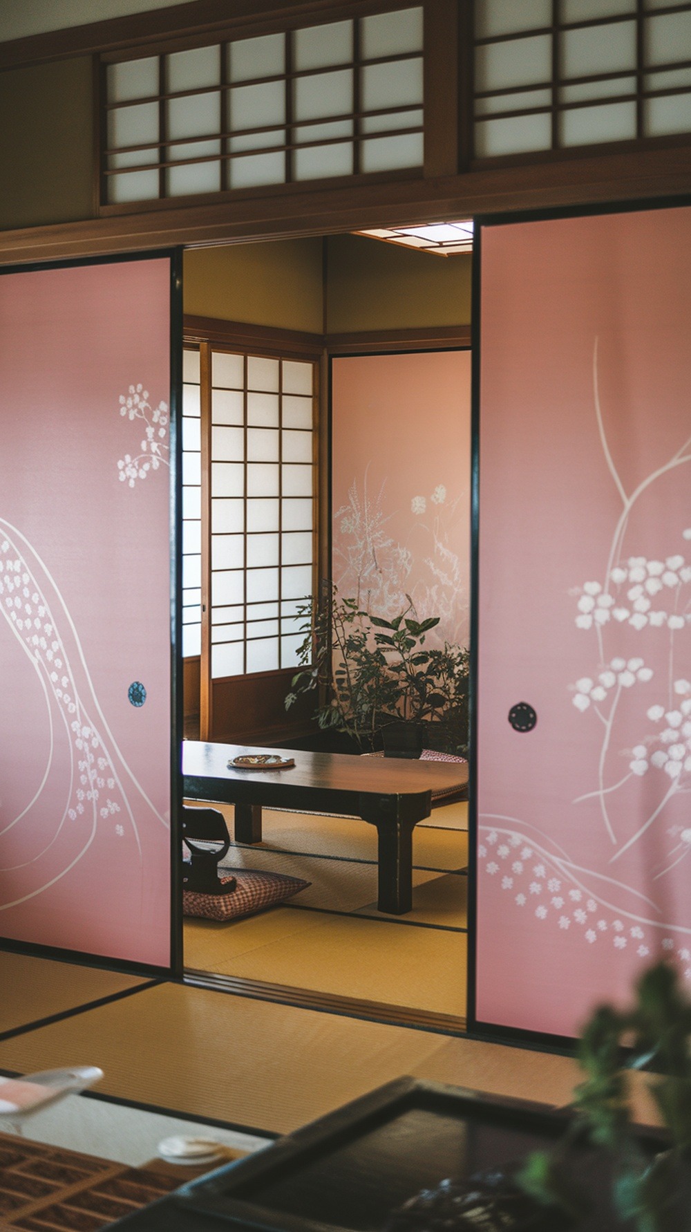 Traditional Japanese room with pink sliding shoji doors, tatami mat flooring, and low table with cushions.